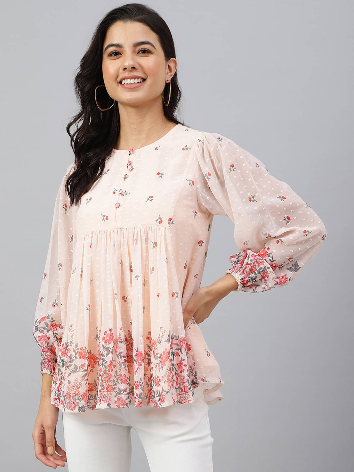     			Janasya Women's Georgette A-Line Top ( Peach )