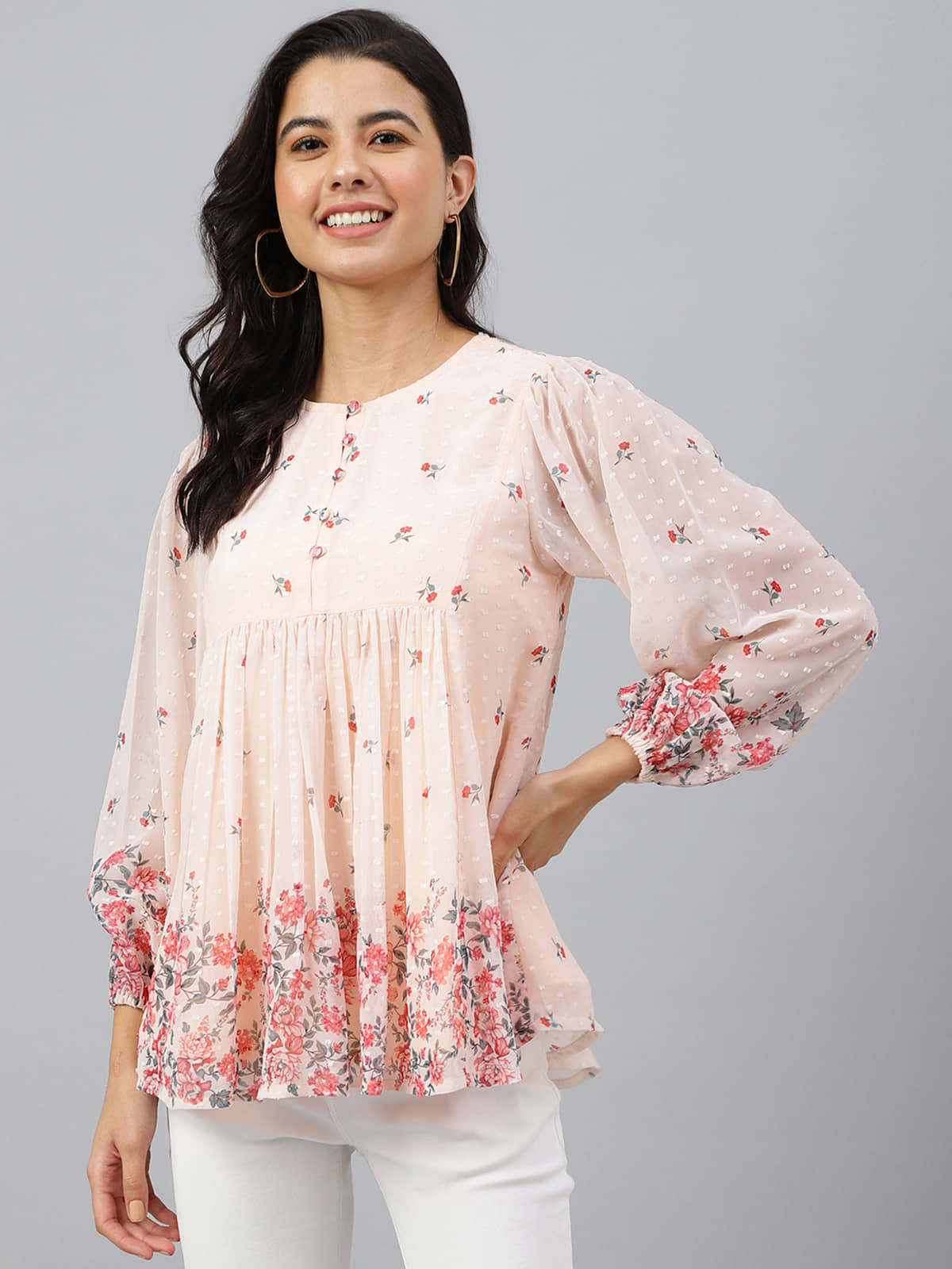 Janasya Women's Georgette A-Line Top ( Peach )