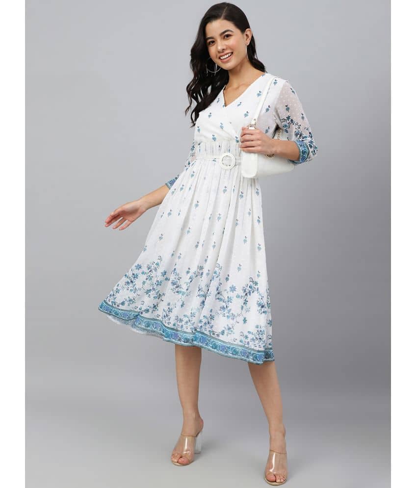 Janasya Women Georgette Printed Fit & Flare Dress ( White )