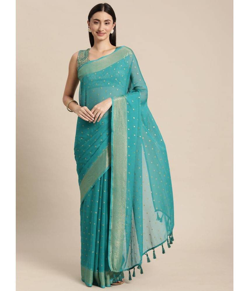 Rekha Maniyar Chiffon Embellished Saree With Unstitched Blouse Piece ( Teal ) Rekha Maniyar Chiffon Embellished Saree With Unstitched Blouse Piece ( Teal )