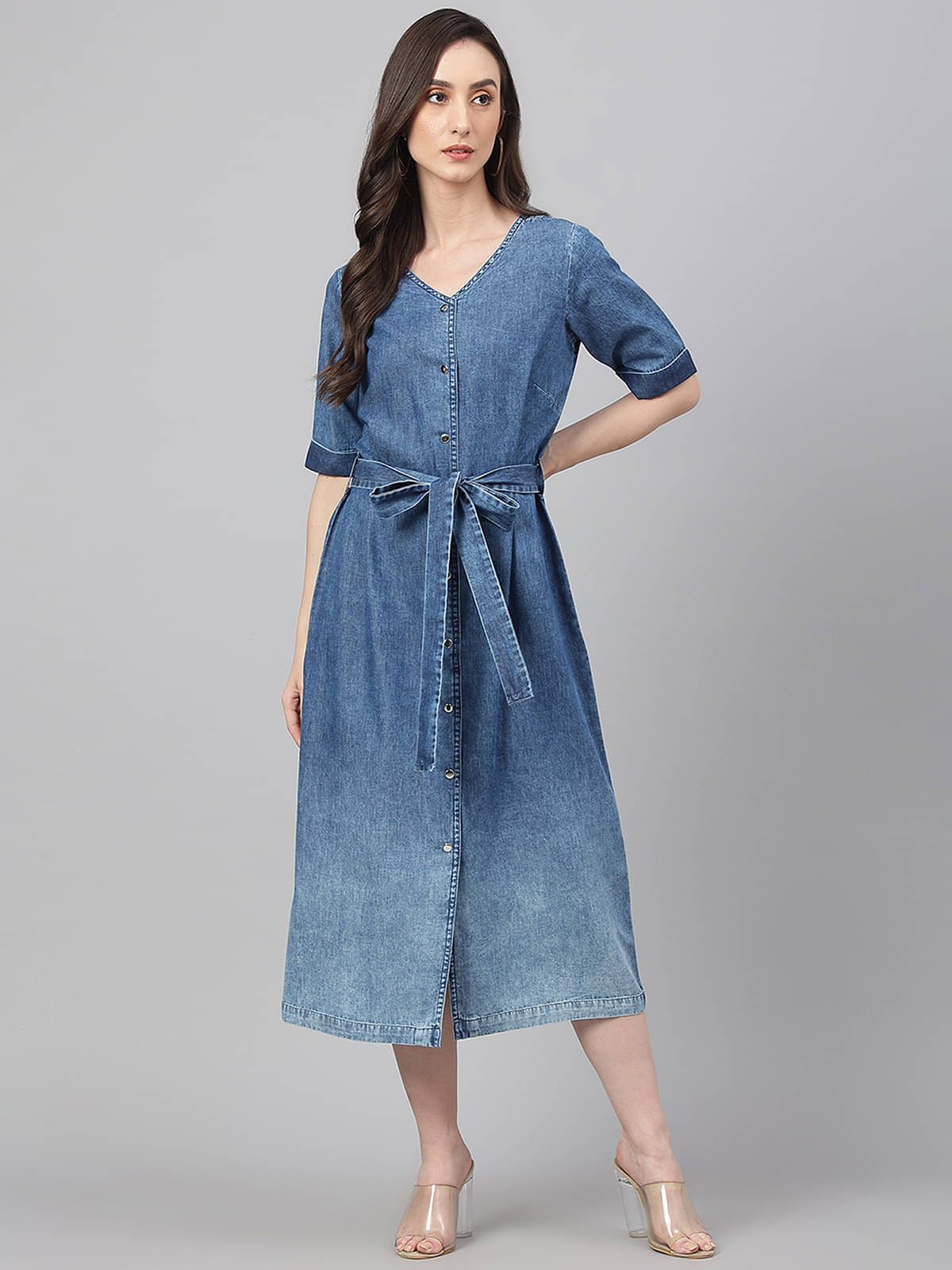 Janasya Women Denim Solid A-line Dress ( Blue )     			Janasya Women Denim Solid A-line Dress ( Blue )