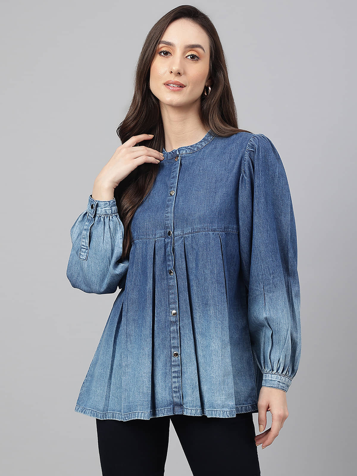 Janasya Women's Denim Peplum Top ( Blue )