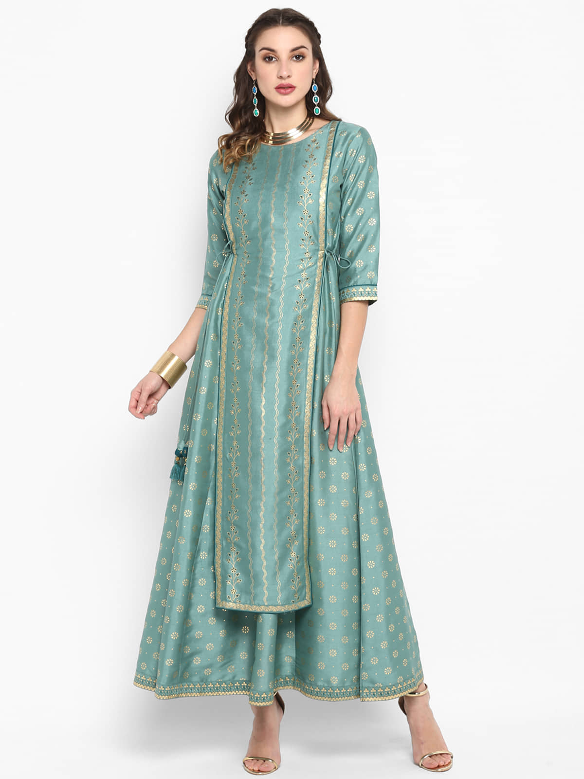 Janasya Women Silk Blend Printed Ethnic Dress ( Green )