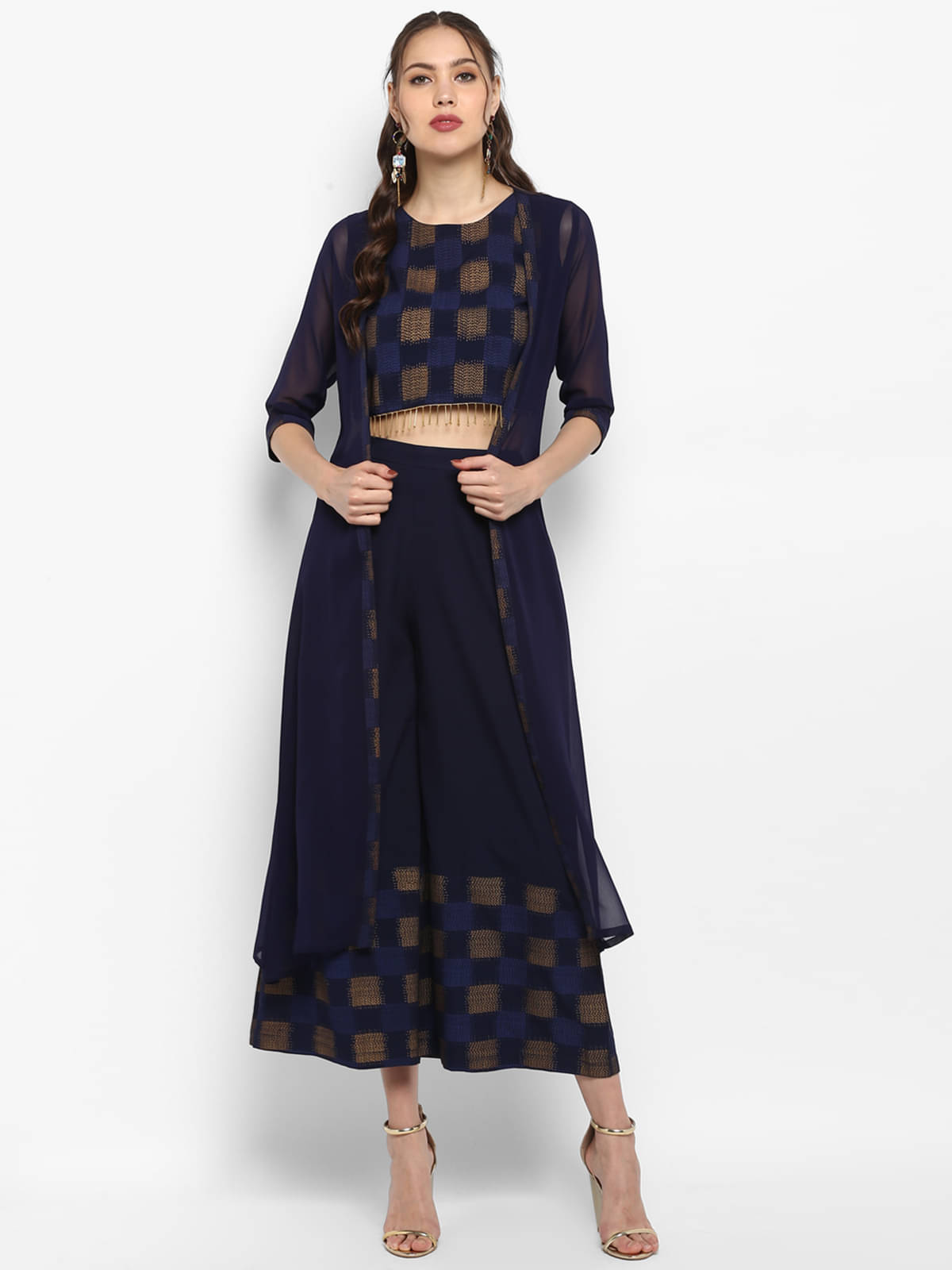     			Janasya Women Crepe Checks Jacket Style Kurti With Palazzo ( Navy )