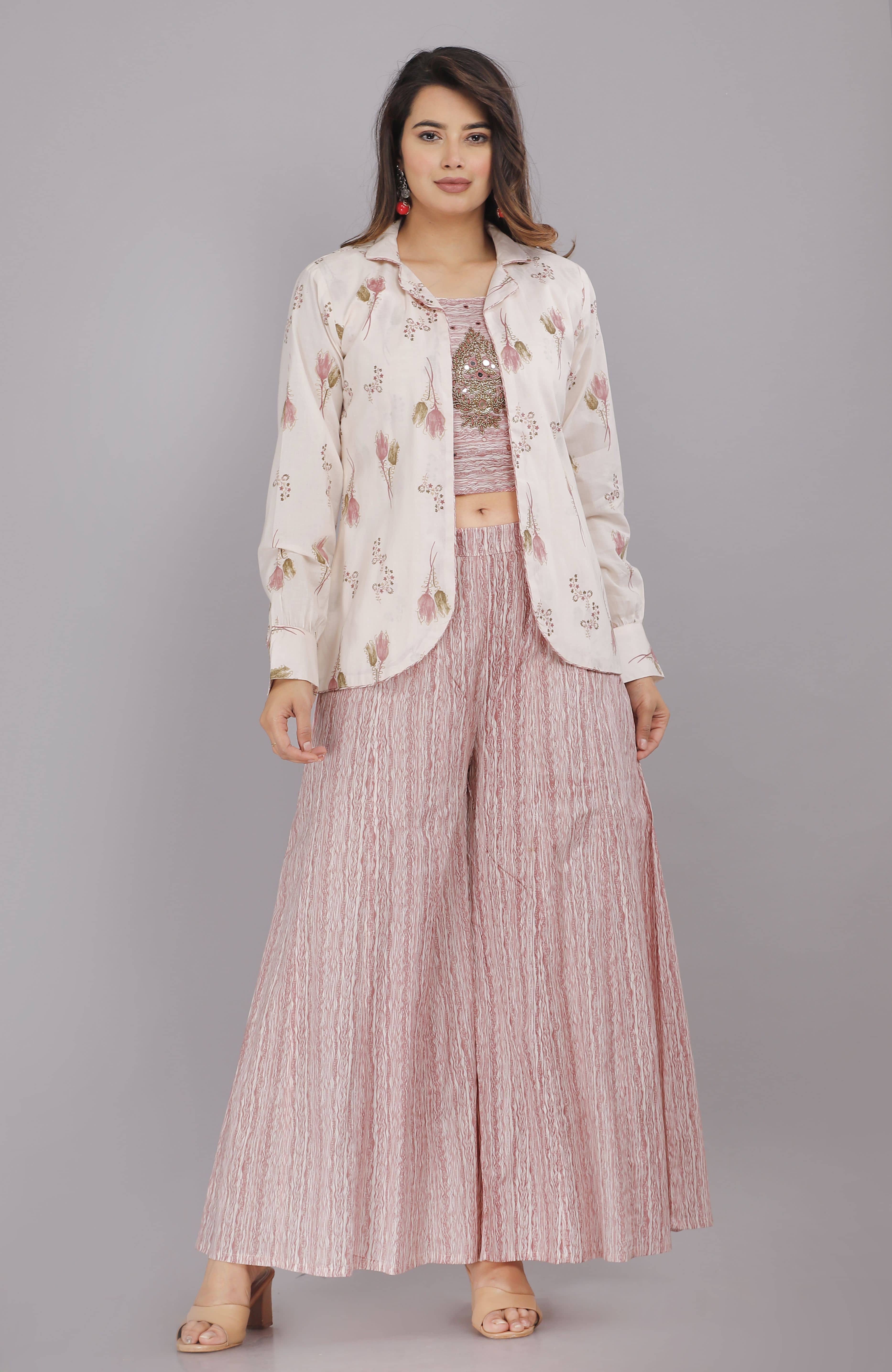 HIGHLIGHT FASHION EXPORT Women Cotton Printed Jacket Style Kurti With Palazzo ( Pink )