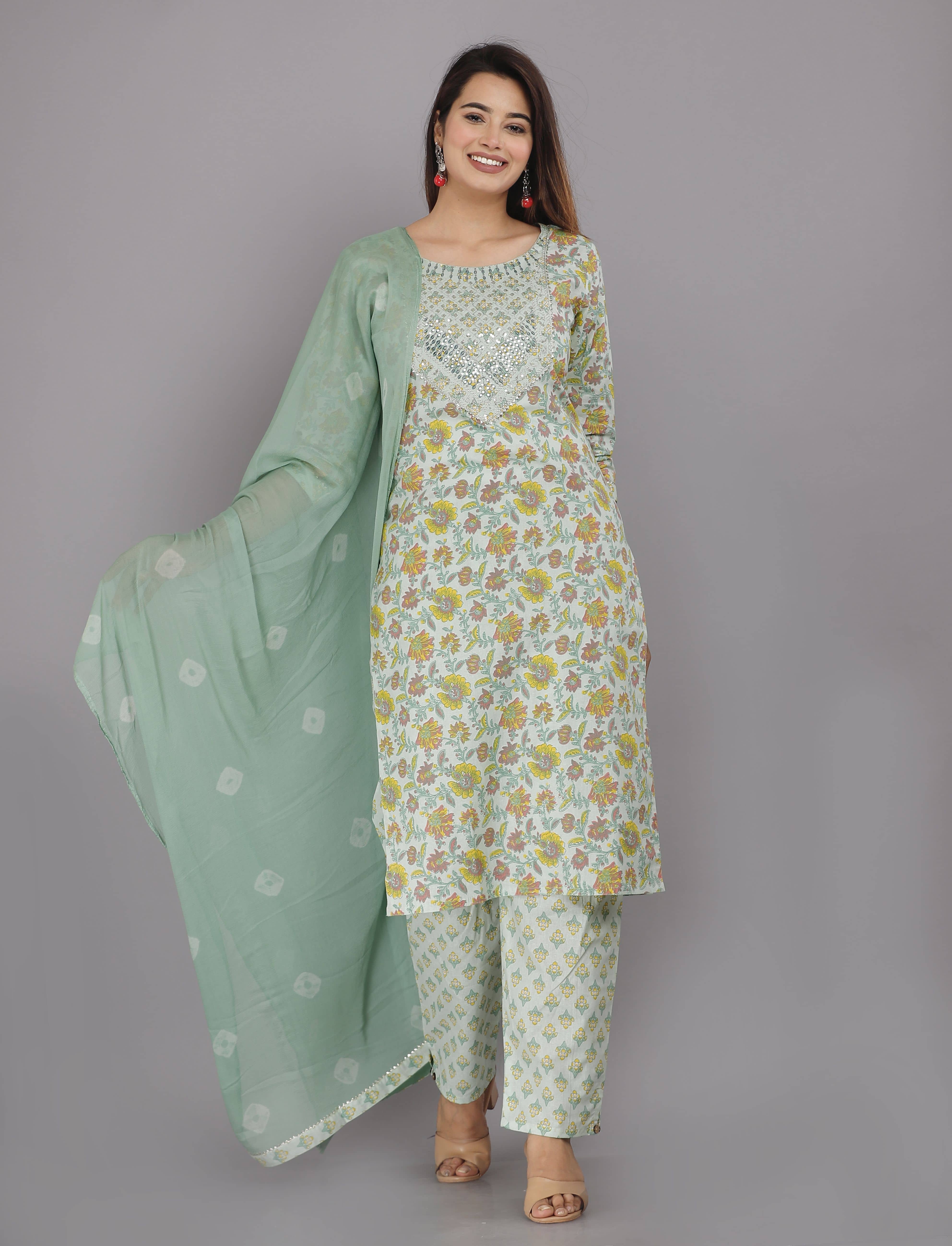 JC4U - Green Straight Cotton Women's Stitched Salwar Suit ( Pack of 1 )