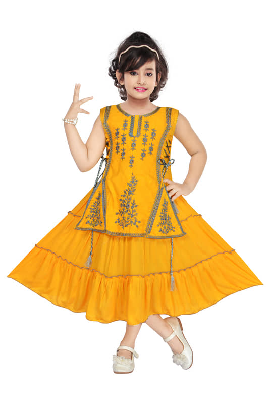 M. MONGELA DRESSES Cotton Blend Frock For Girls ( Pack of 1 , Yellow )