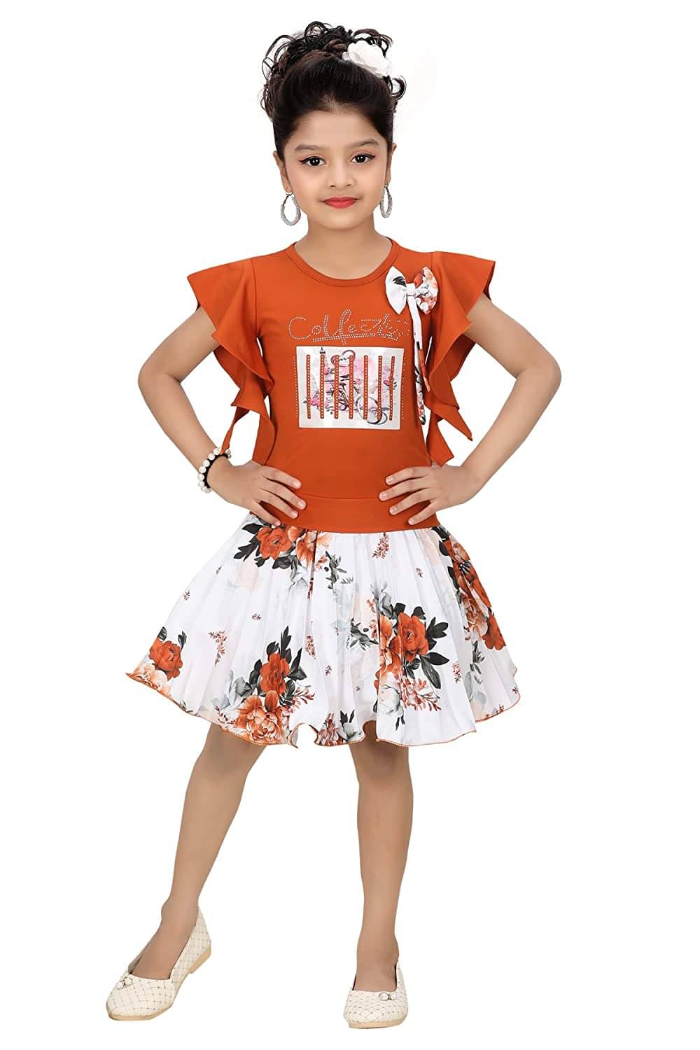     			Cherry Tree Girls Cotton Blend Top With Skirt ( Orange )