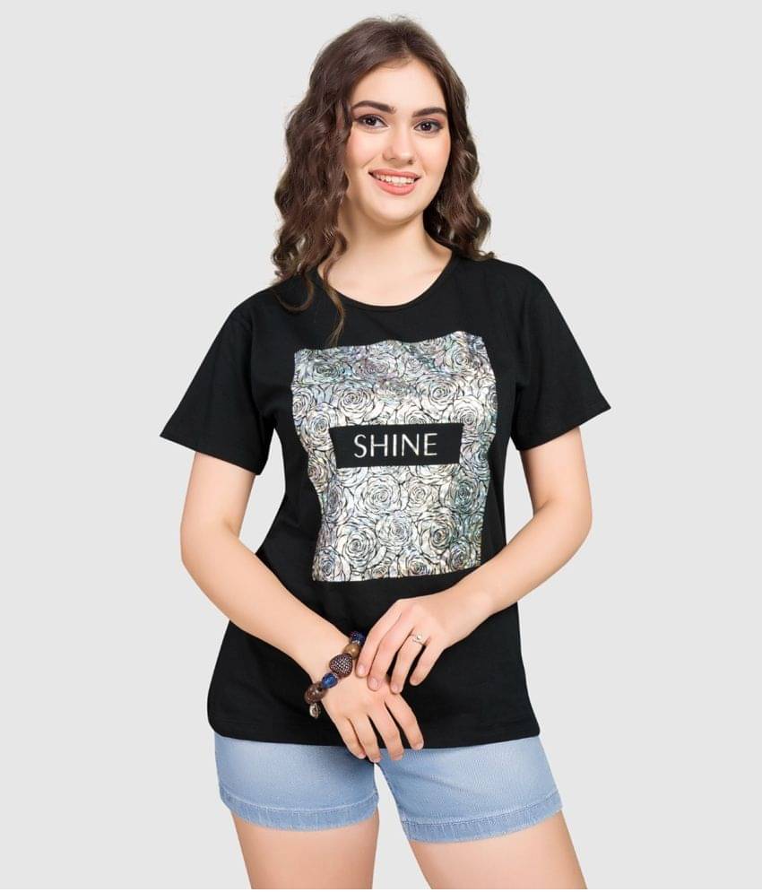 Monisha Plus Women Cotton Printed Regular Fit Round Neck T-Shirt ( Black ) Monisha Plus Women Cotton Printed Regular Fit Round Neck T-Shirt ( Black )