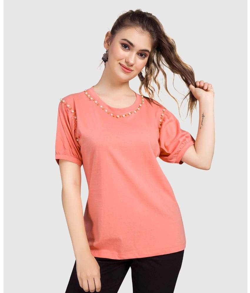 Monisha Plus Women Cotton Solid Regular Fit Round Neck T-Shirt ( Coral ) Monisha Plus Women Cotton Solid Regular Fit Round Neck T-Shirt ( Coral )