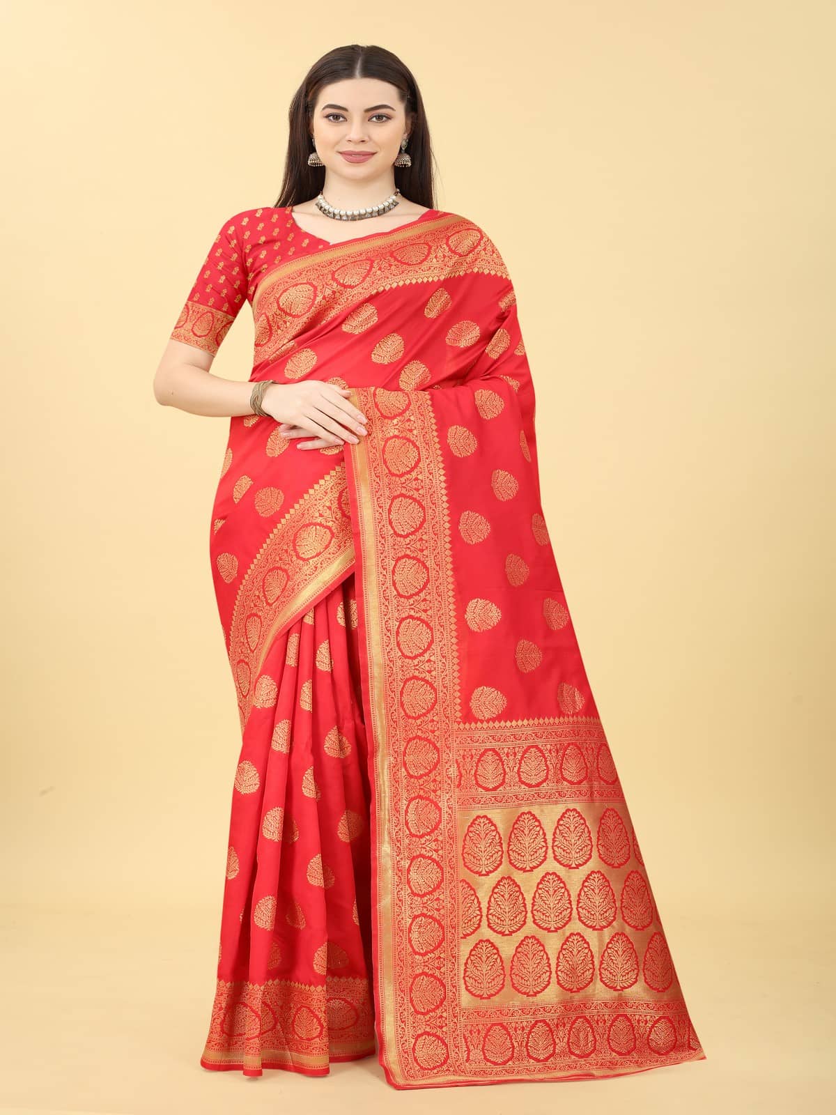 NENCY FASHION Banarasi Silk Embellished Saree With Stitched Blouse ( Red ) - Sarees | Buy online on ZillyBuy
