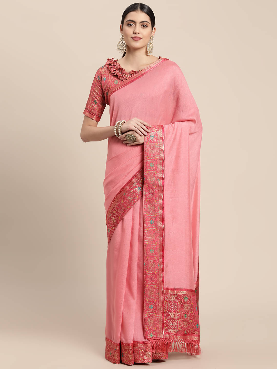     			Rekha Maniyar Silk Blend Embellished Saree With Unstitched Blouse Piece ( Rose Gold )