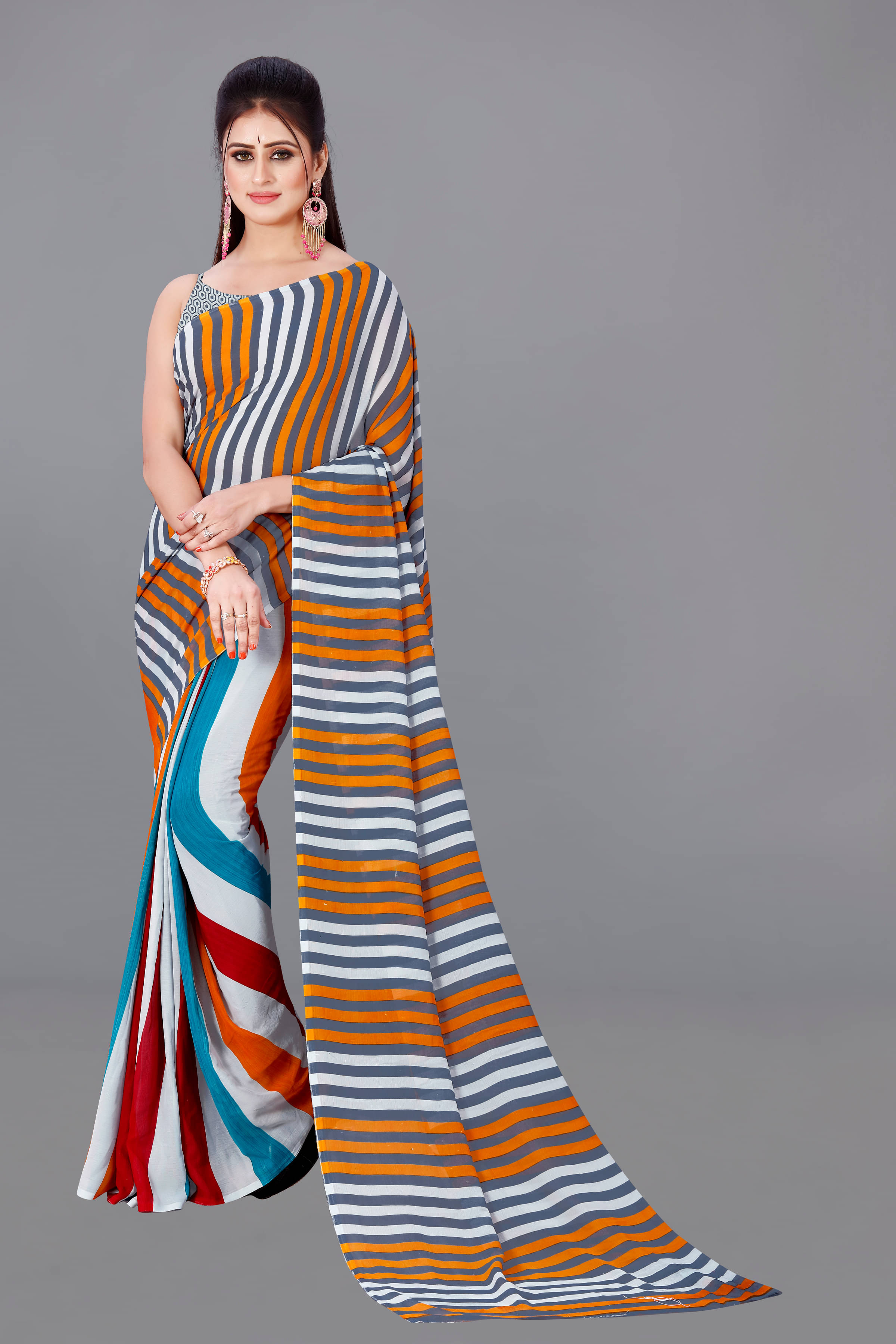ANAND SAREES Georgette Striped Saree With Unstitched Blouse Piece ( Multicolour ) ANAND SAREES Georgette Striped Saree With Unstitched Blouse Piece ( Multicolour )
