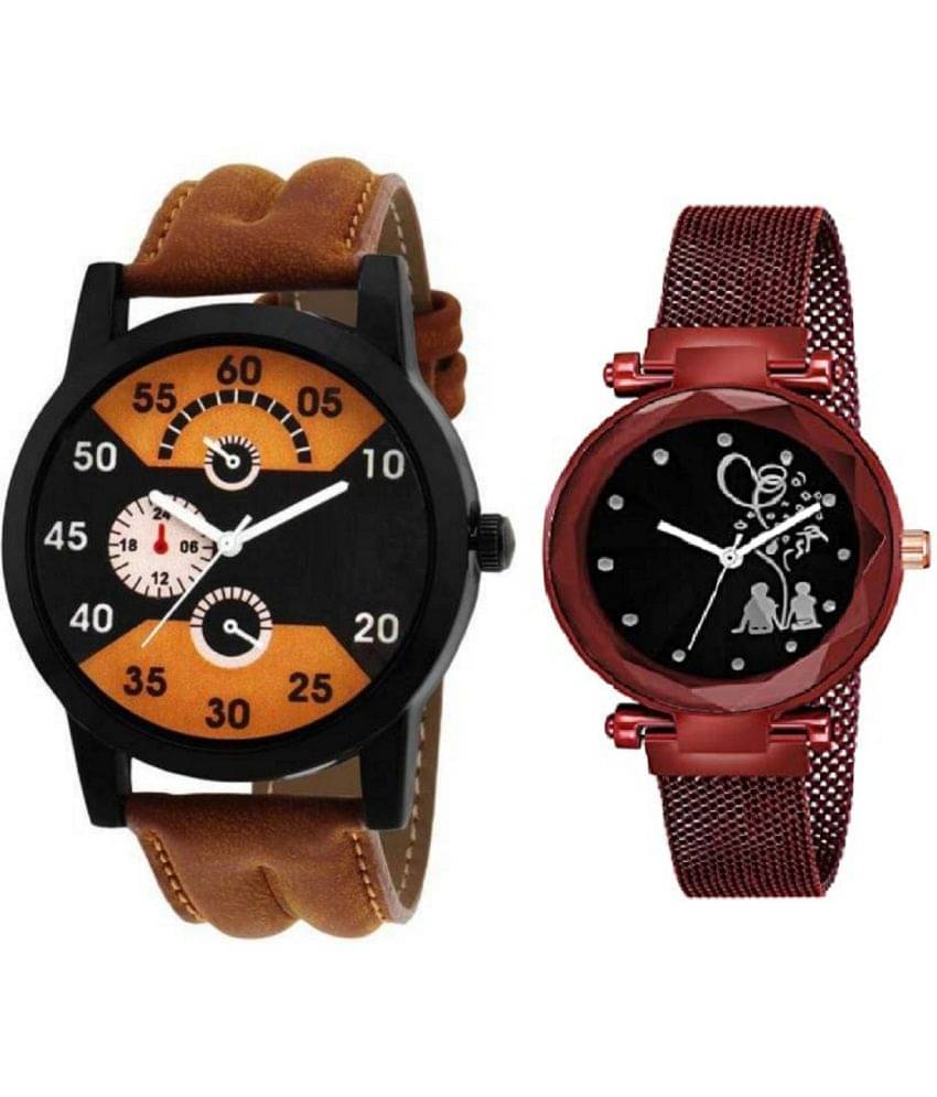    			newmen - Brown Leather Analog Couple's Watch