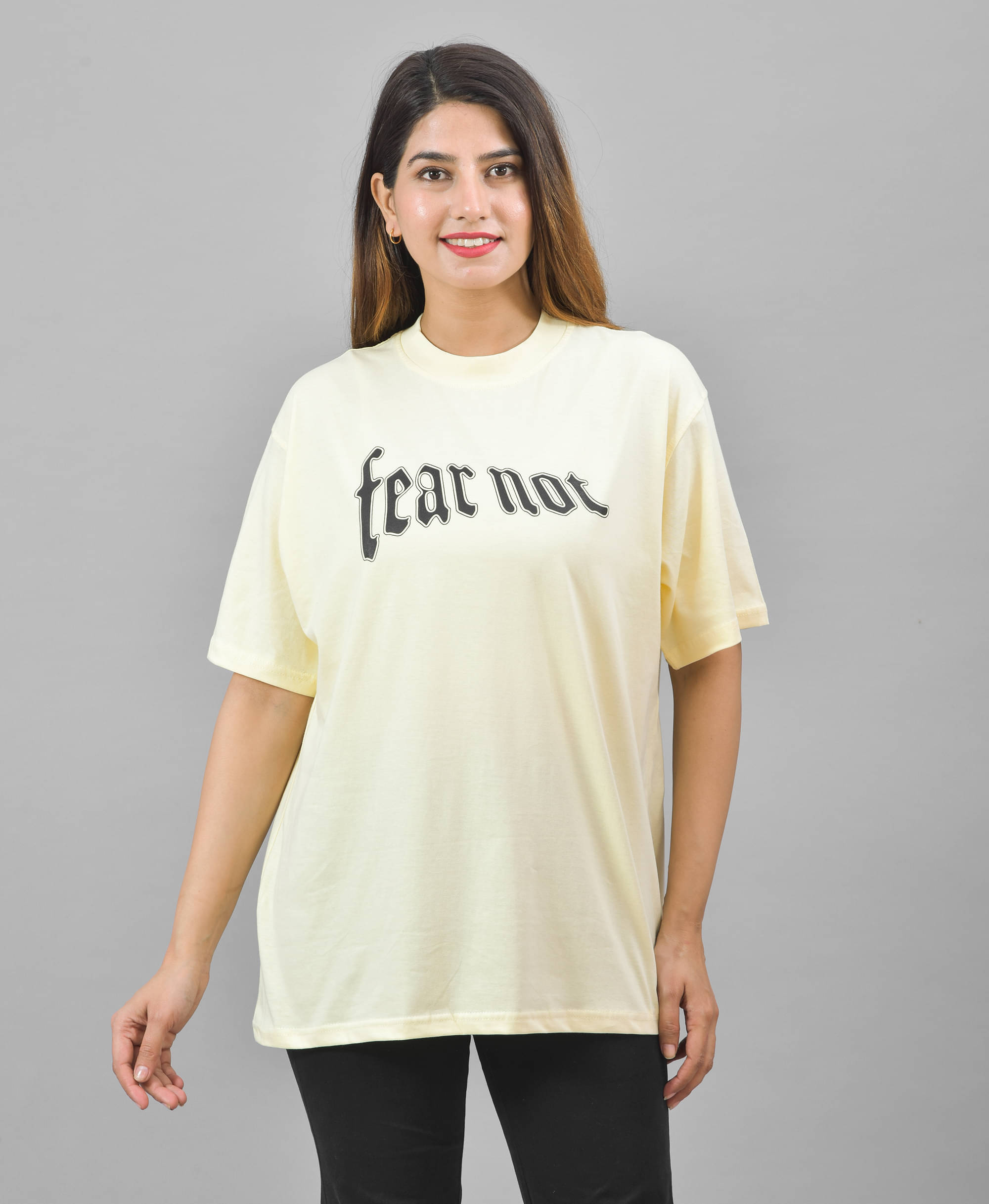     			DRIP STREET Women Cotton Printed Oversized Fit Round Neck T-Shirt ( Yellow )
