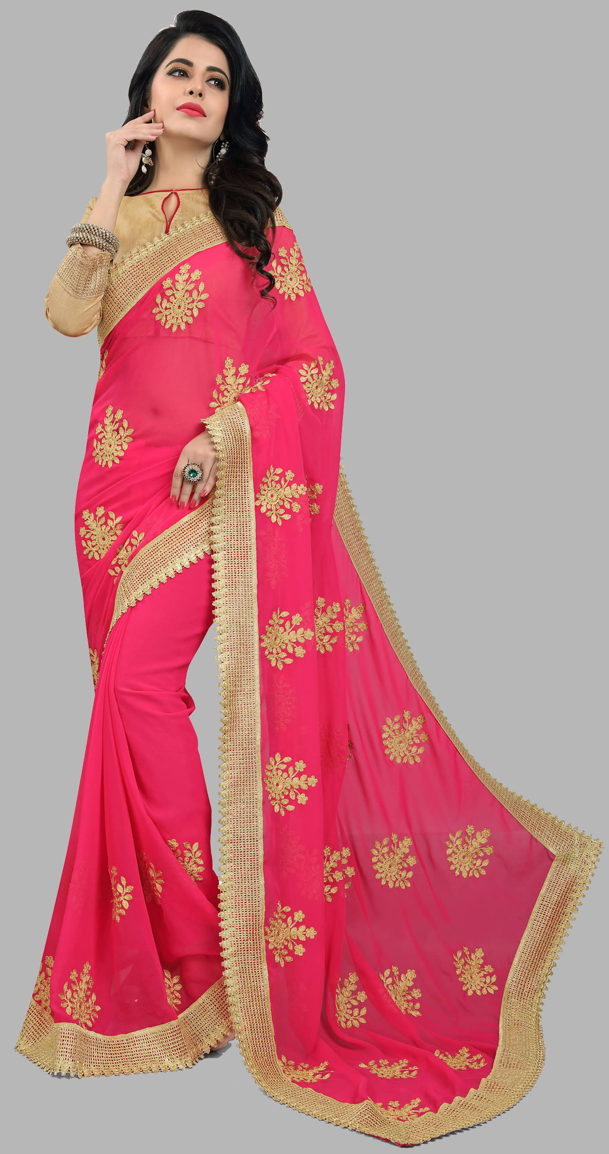    			Om Shantam Sarees Silk Blend Embellished Saree With Unstitched Blouse Piece ( Pink )