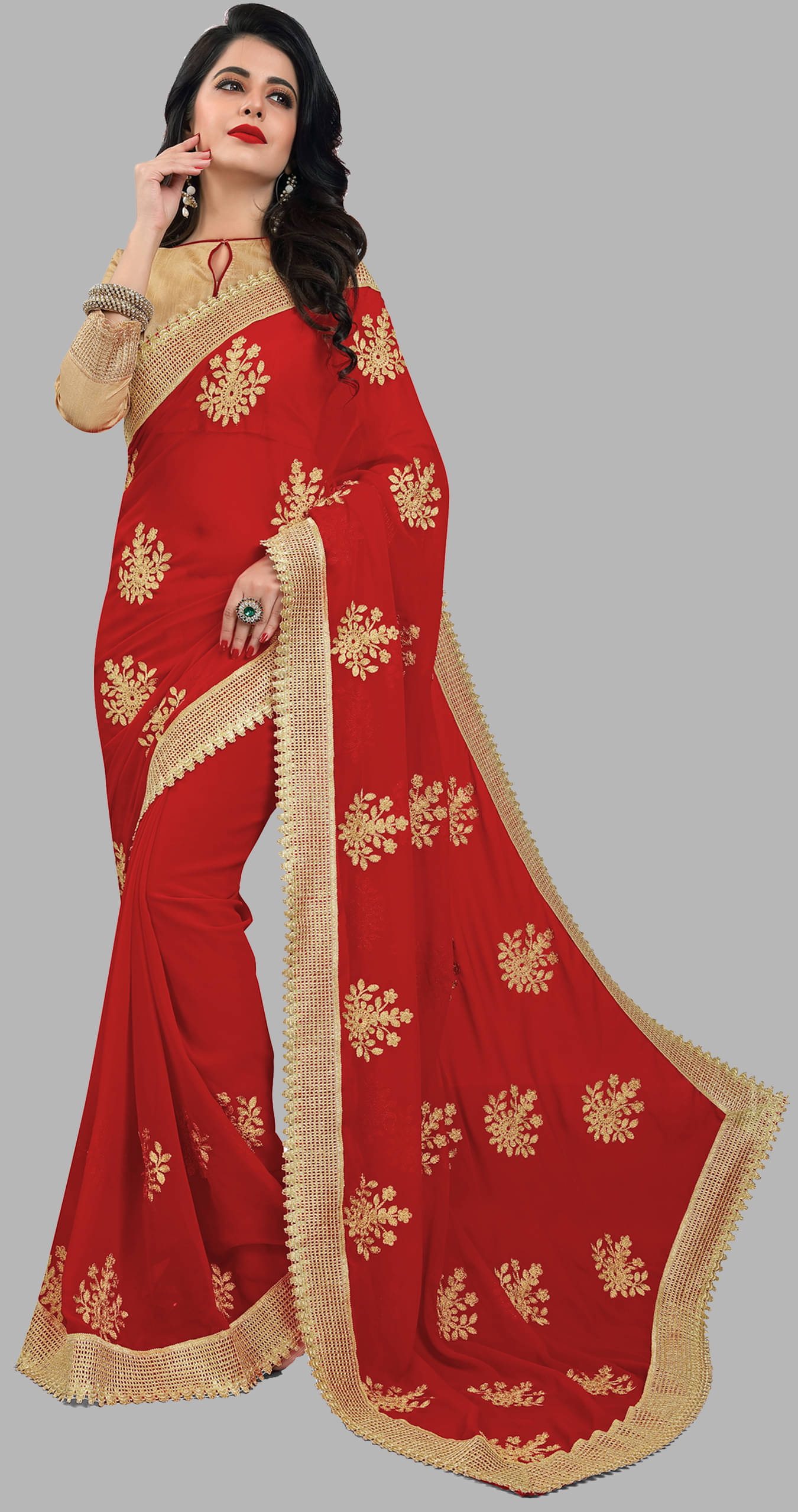     			Om Shantam Sarees Silk Blend Embellished Saree With Unstitched Blouse Piece ( Red )