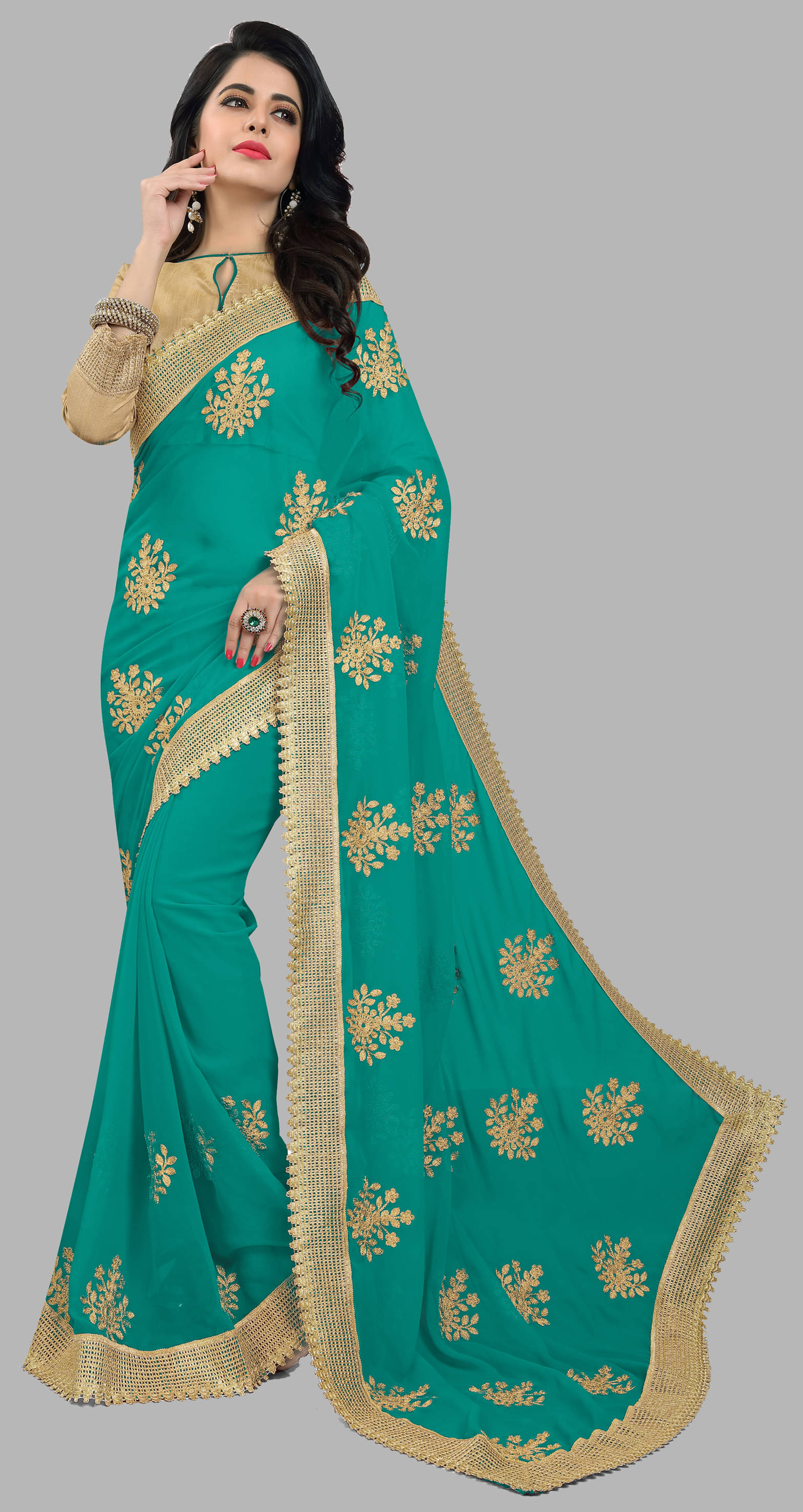     			Om Shantam Sarees Silk Blend Embellished Saree With Unstitched Blouse Piece ( Turquoise )