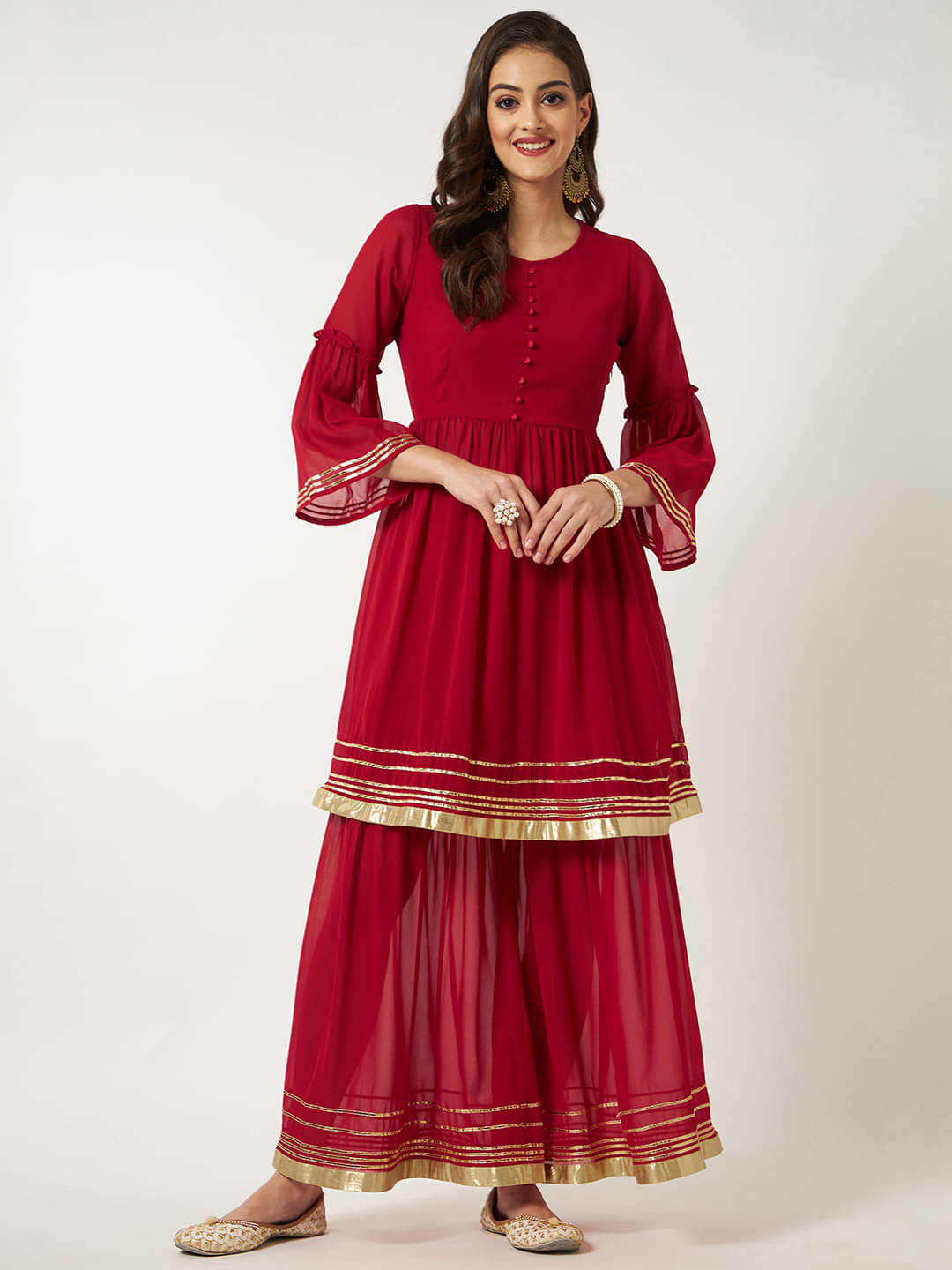 Pannkh - Red Georgette Women's Flared Kurti ( Pack of 1 ) Pannkh - Red Georgette Women's Flared Kurti ( Pack of 1 )