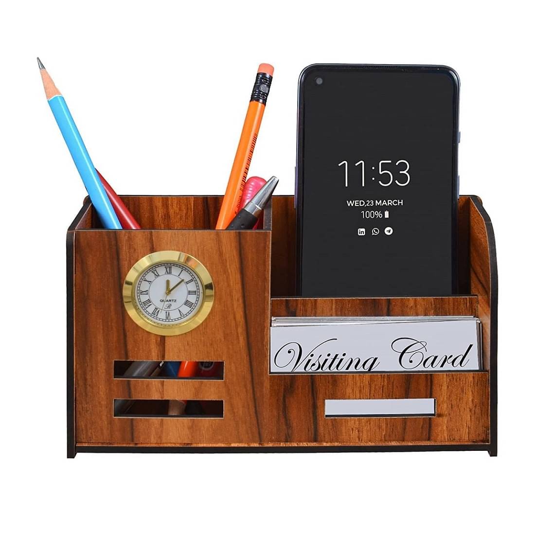    			RAVARIYA GRAPHICS Pen Stand With Clock, Business Visiting Card & Mobile Holder | Multipurpose Wooden Desk Organizer Pen And Pencil Holder Stand For Office Desk And Study Table (4 In 1)