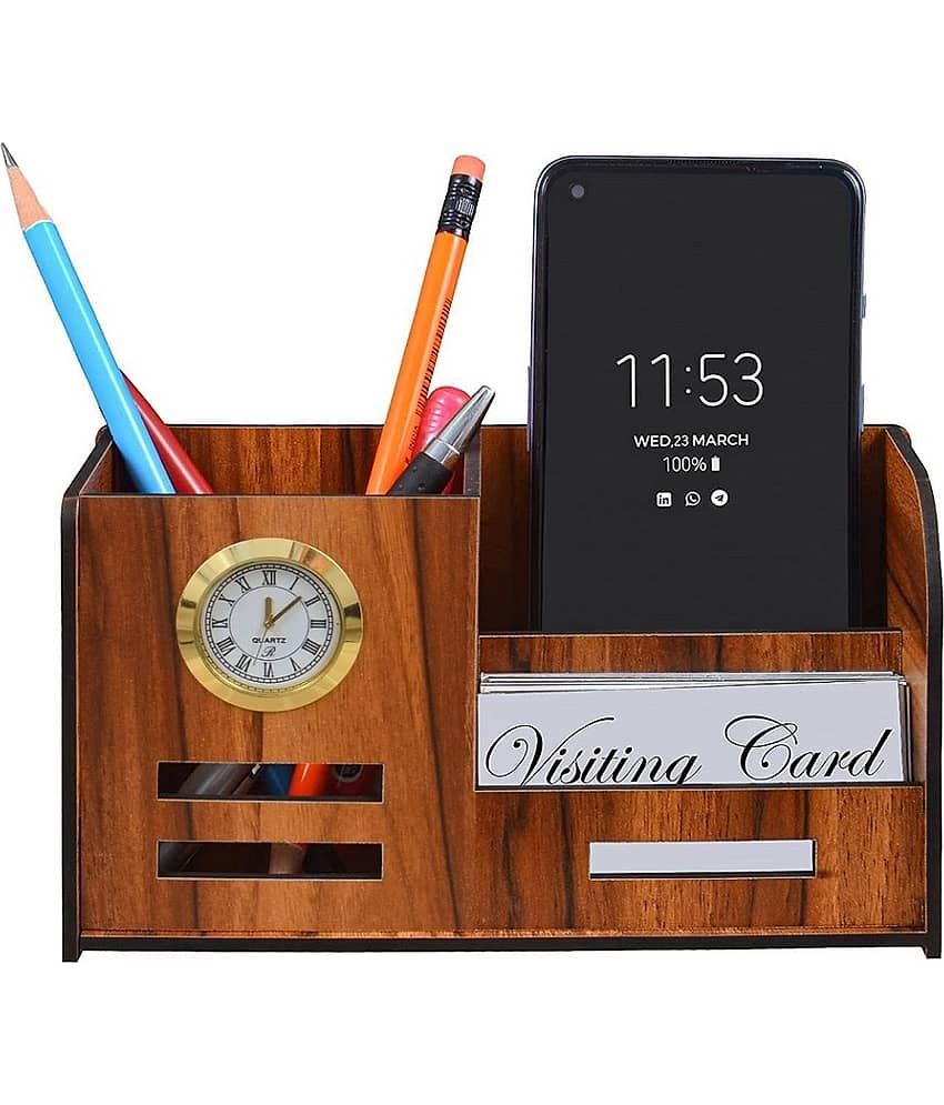 RAVARIYA GRAPHICS Pen Stand With Clock, Business Visiting Card & Mobile Holder | Multipurpose Wooden Desk Organizer Pen And Pencil Holder Stand For Office Desk And Study Table (4 In 1) - Stationery | Buy online on ZillyBuy