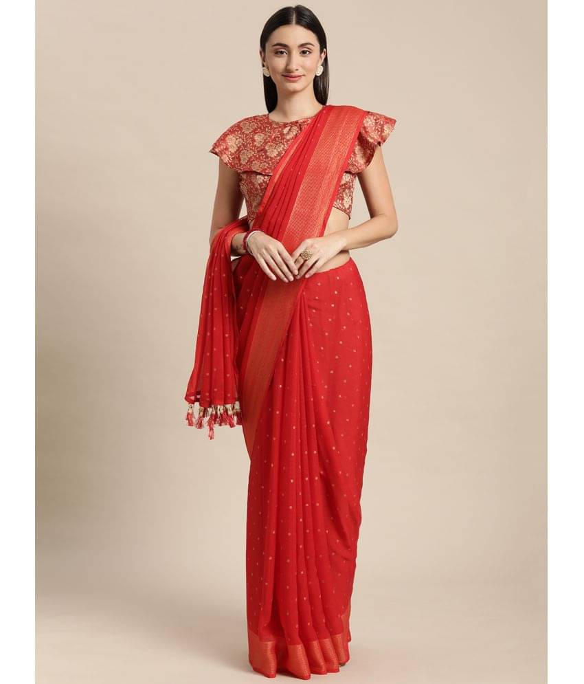 Rekha Maniyar Chiffon Embellished Saree With Unstitched Blouse Piece ( Red ) Rekha Maniyar Chiffon Embellished Saree With Unstitched Blouse Piece ( Red )