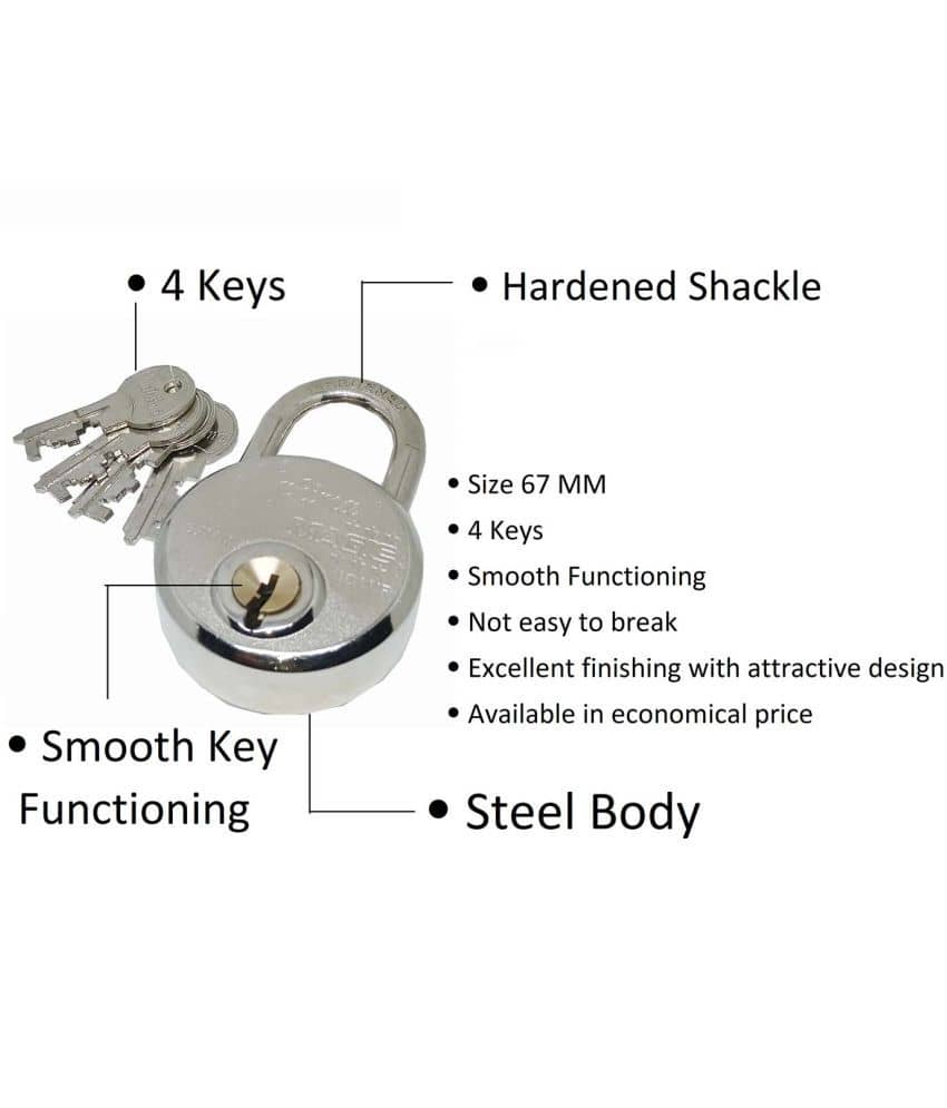 Unikkus steel made lock for home room door shop house and multipurpose, padlock size 67 MM with 4 keys