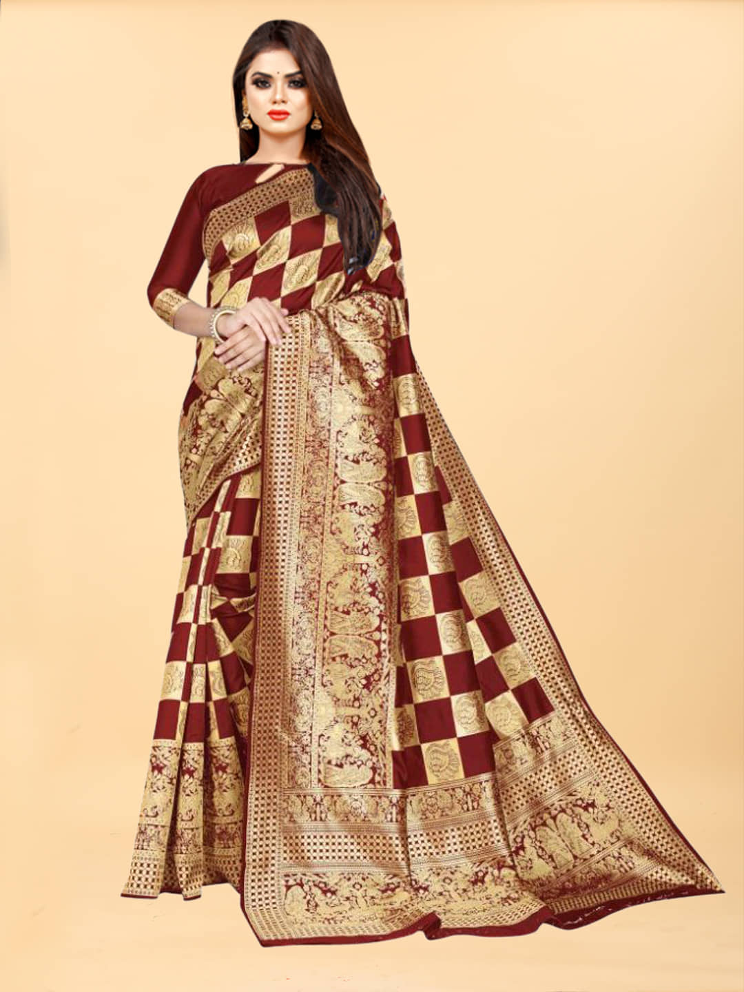 Gazal Fashions Banarasi Silk Embellished Saree With Unstitched Blouse Piece ( Pink ) - Sarees | Buy online on ZillyBuy