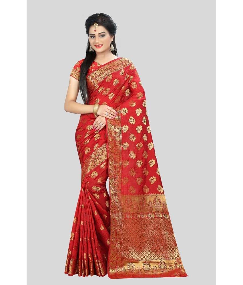     			Gazal Fashions Banarasi Silk Embellished Saree With Unstitched Blouse Piece ( Red )
