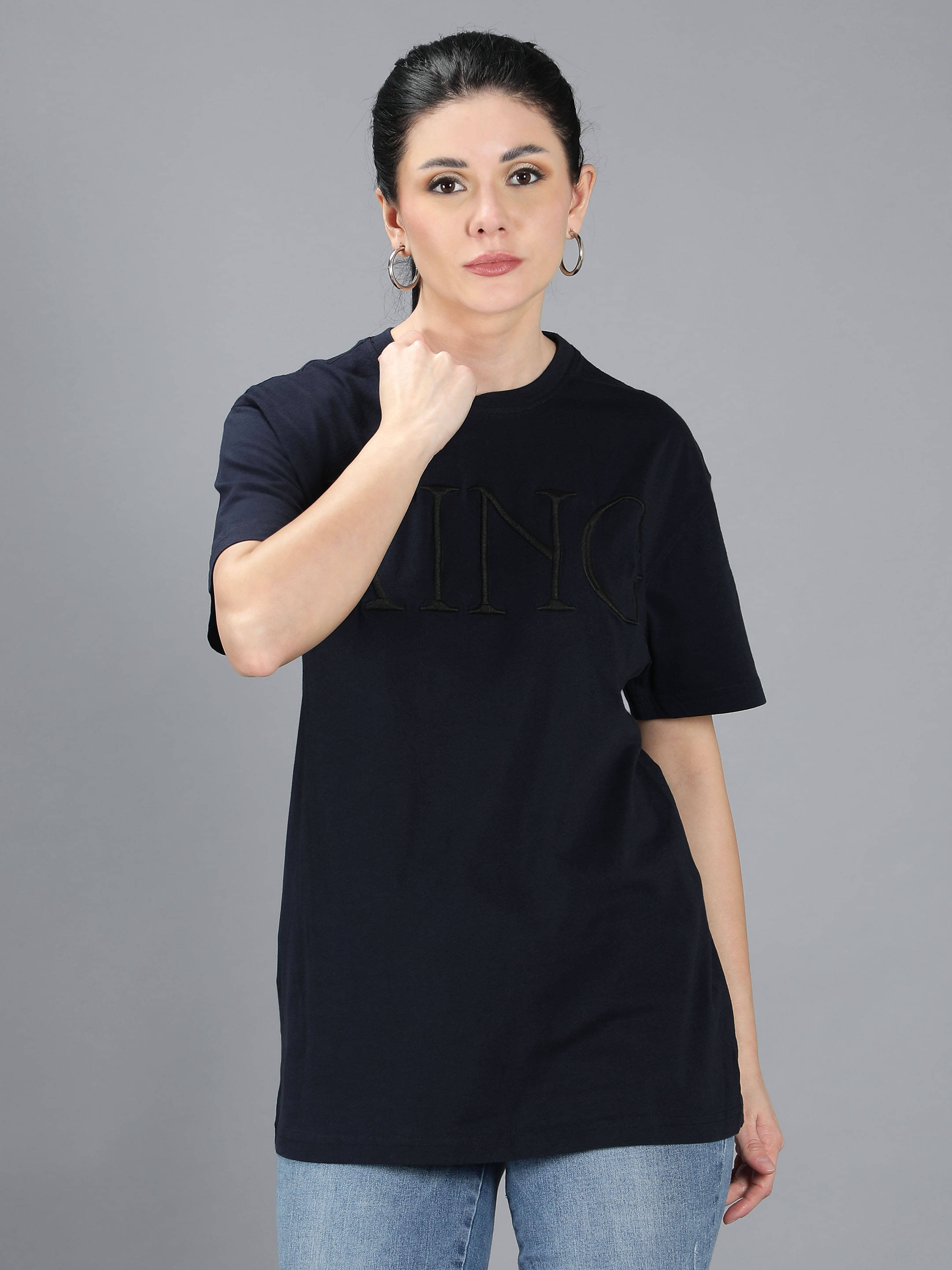     			NUEVOSDAMAS Women Cotton Blend Embellished Regular Fit Round Neck T-Shirt ( Navy Blue )
