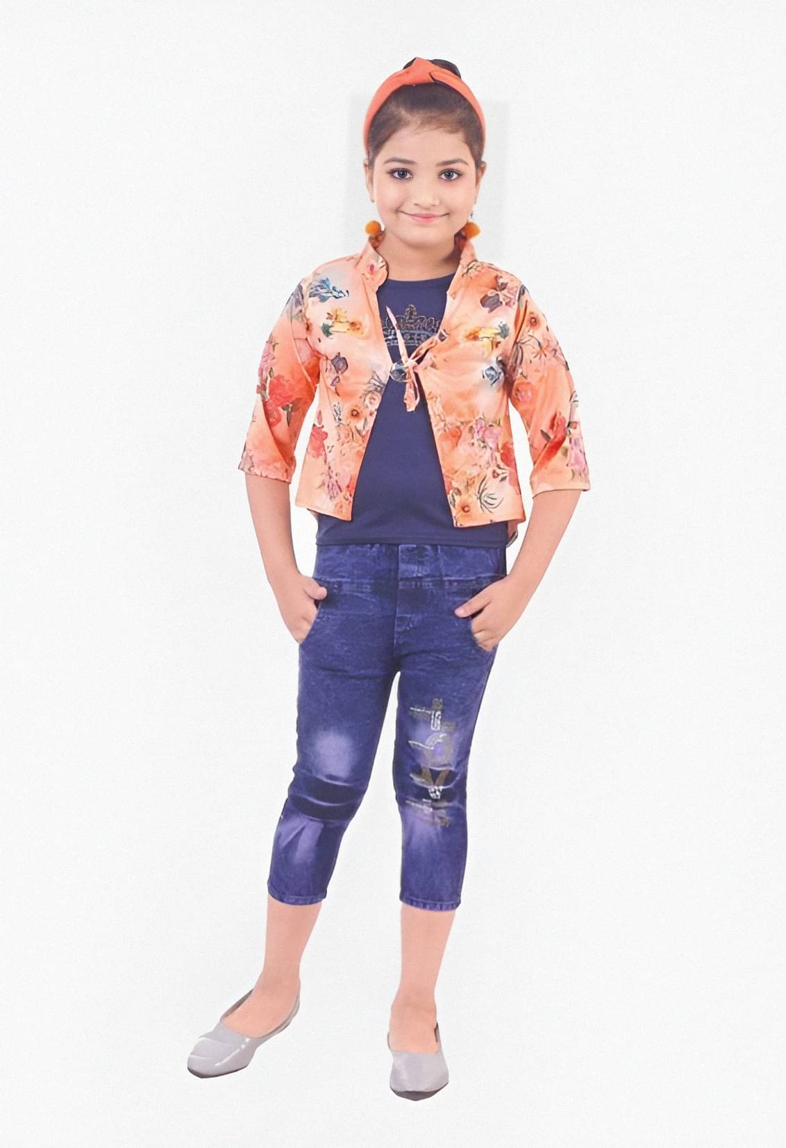     			4 YOU Pack of 1 Girls Denim Top With Jacket With Jeans ( Orange )