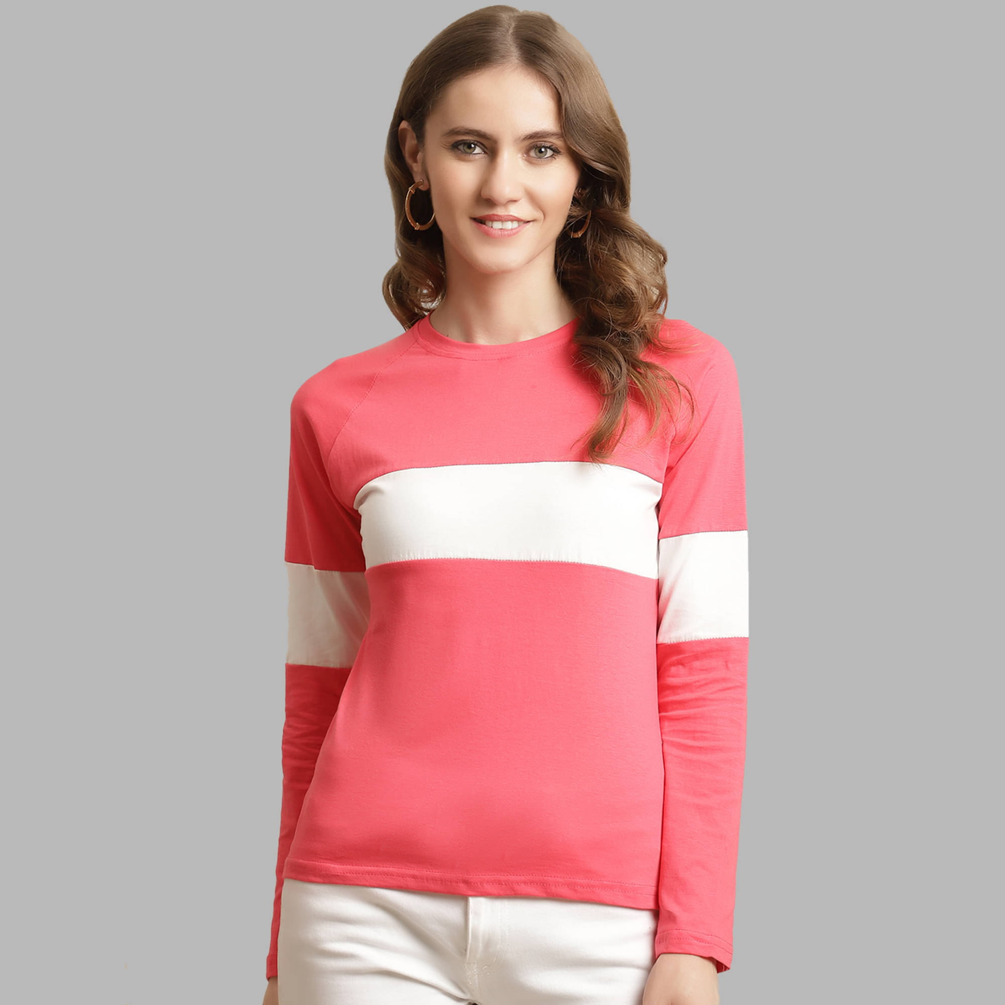     			Fabflee Women Cotton Colorblock Regular Fit Round Neck T-Shirt ( Peach )