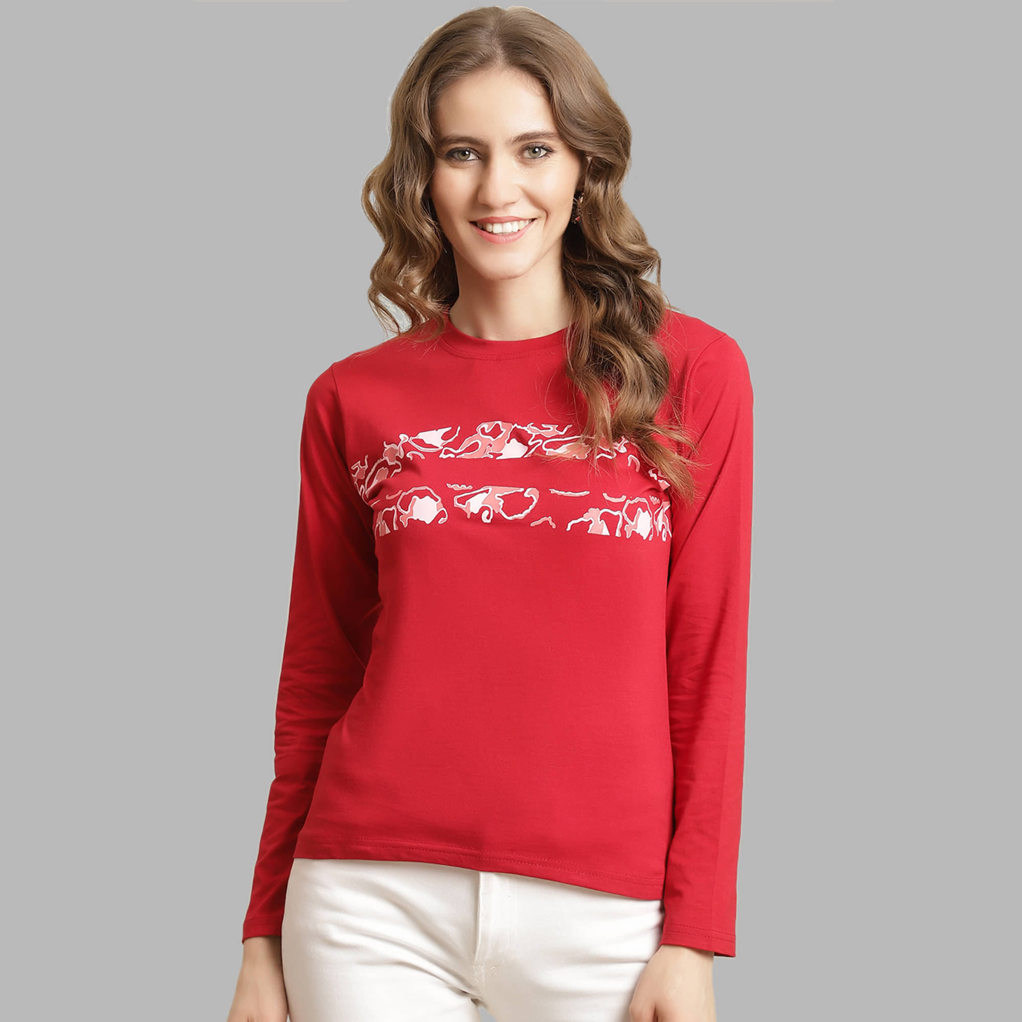 Fabflee Women Cotton Printed Regular Fit Round Neck T-Shirt ( Red )     			Fabflee Women Cotton Printed Regular Fit Round Neck T-Shirt ( Red )