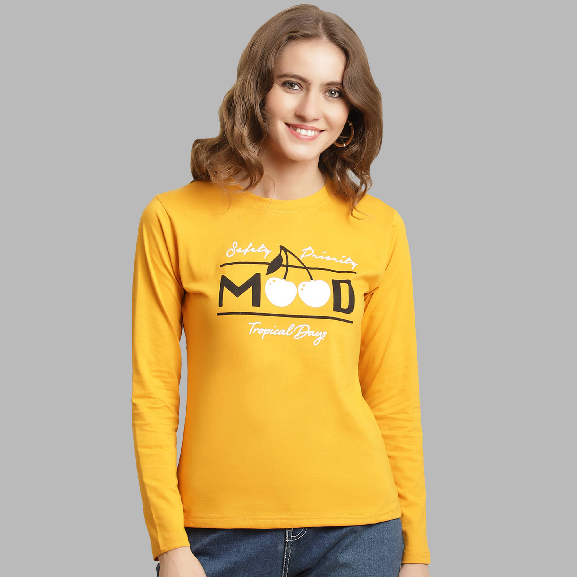     			Fabflee Women Cotton Printed Regular Fit Round Neck T-Shirt ( Yellow )