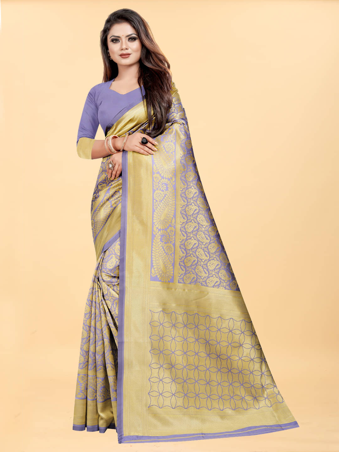 Gazal Fashions Banarasi Silk Embellished Saree With Unstitched Blouse Piece ( Lavender ) - Sarees | Buy online on ZillyBuy