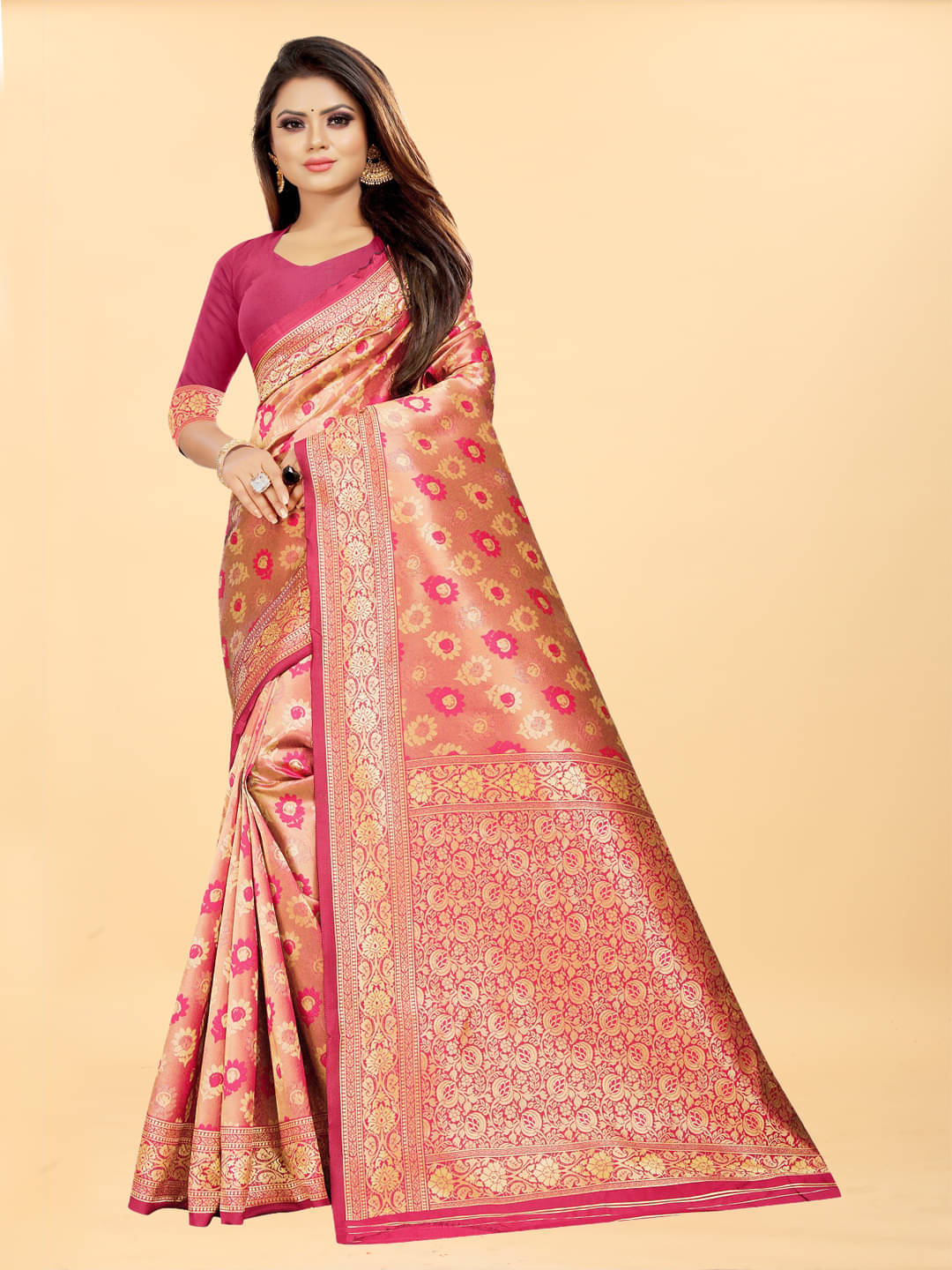     			Gazal Fashions Banarasi Silk Embellished Saree With Unstitched Blouse Piece ( Pink )
