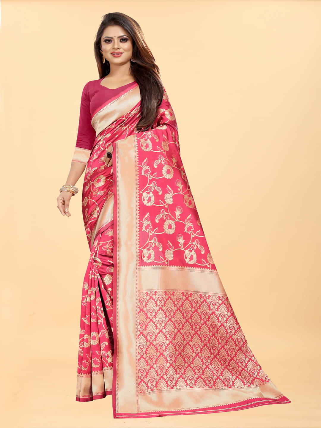     			Gazal Fashions Banarasi Silk Embellished Saree With Unstitched Blouse Piece ( Pink )