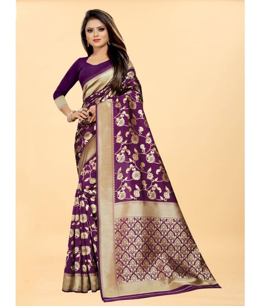     			Gazal Fashions Banarasi Silk Embellished Saree With Unstitched Blouse Piece ( Purple )