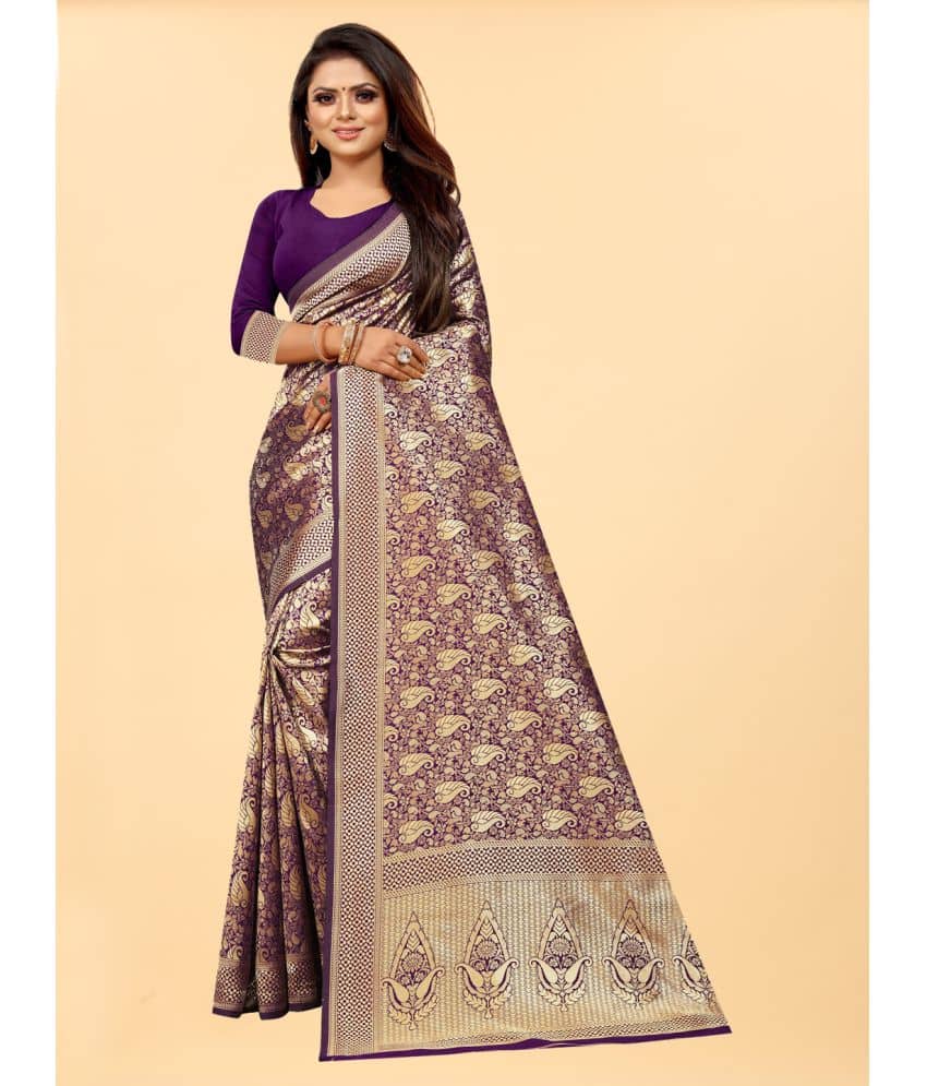 Gazal Fashions Banarasi Silk Embellished Saree With Unstitched Blouse Piece ( Blue ) - Sarees | Buy online on ZillyBuy