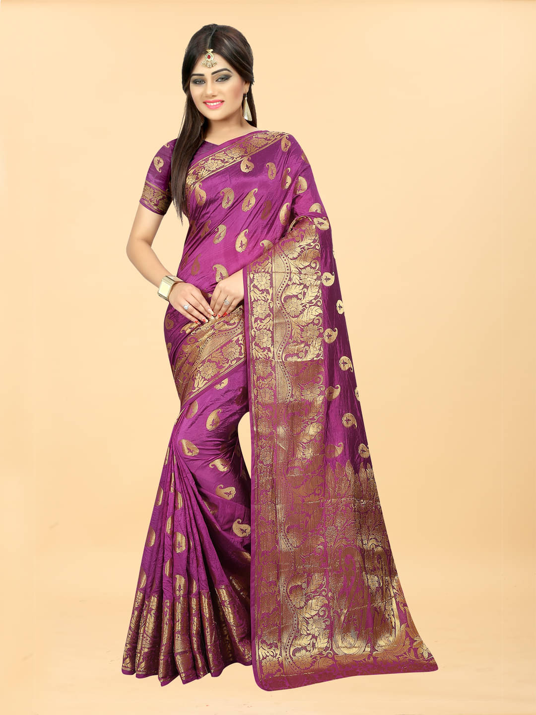     			Gazal Fashions Banarasi Silk Embellished Saree With Unstitched Blouse Piece ( Purple )