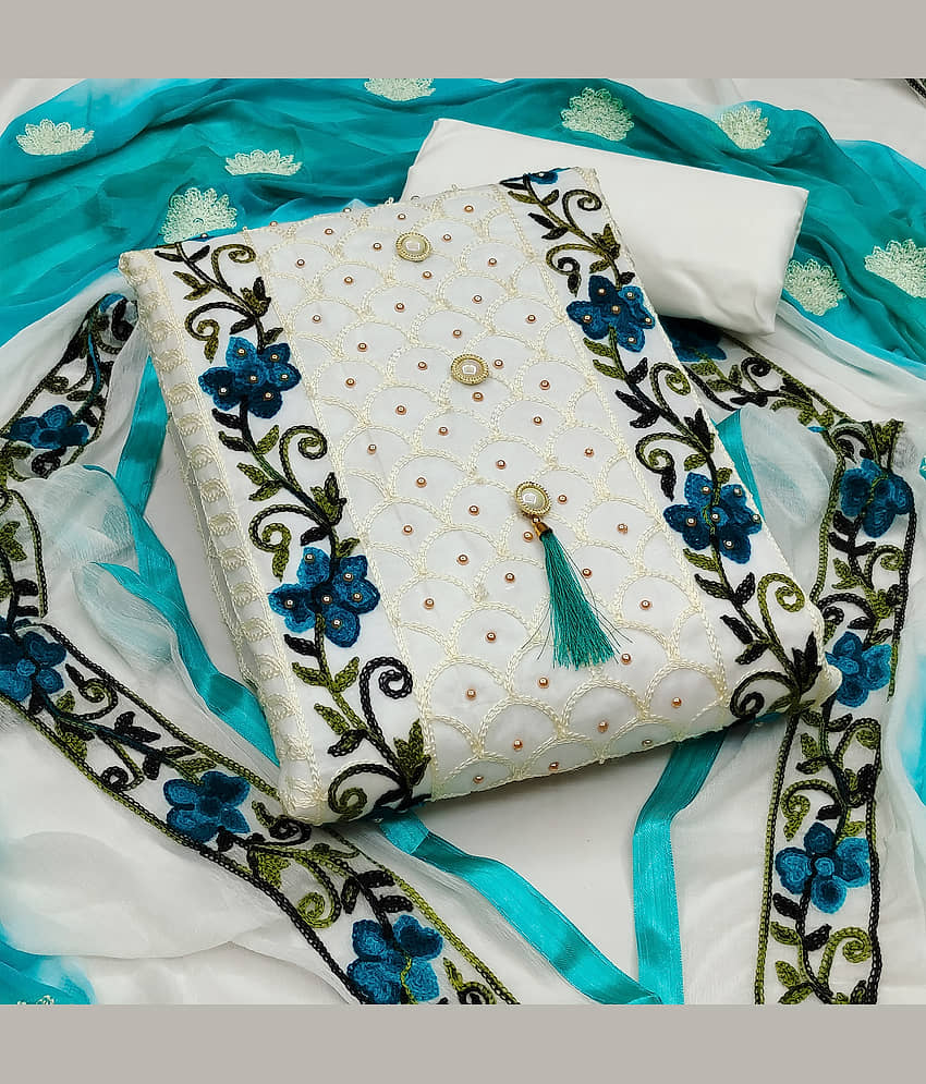 MEHZEEL FAB - Unstitched White Cotton Blend Dress Material ( Pack of 1 ) - Unstitched Fabrics | Buy online on ZillyBuy