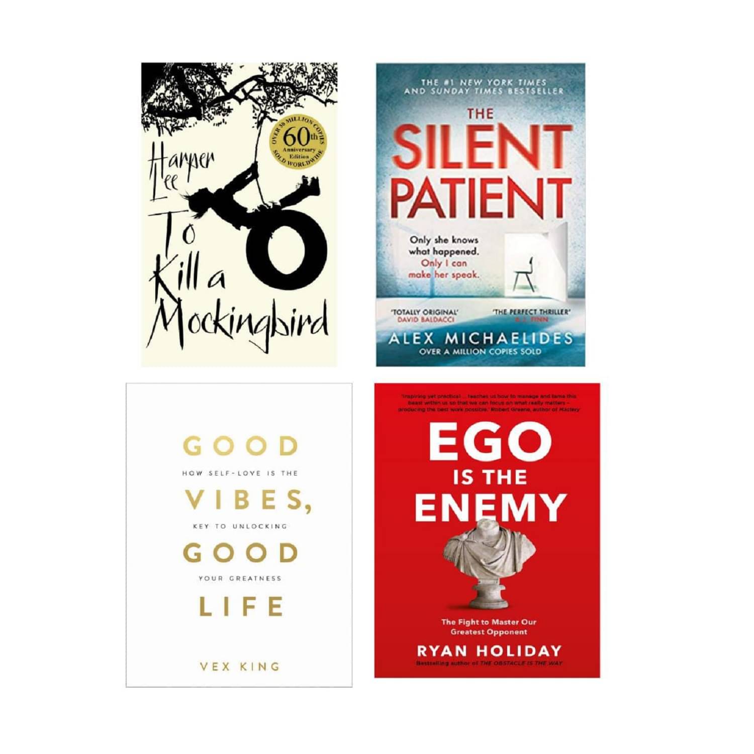     			( Combo of 4 books ) Ego Is The Enemy & The Silent Patient & To Kill A Mockingbird & Good Vibes, Good Life - Paperback