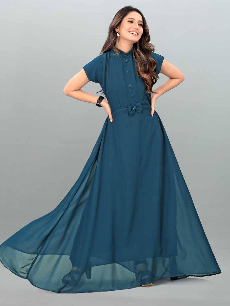    			Femvy Women Georgette Solid Fit & Flare Dress ( Blue )