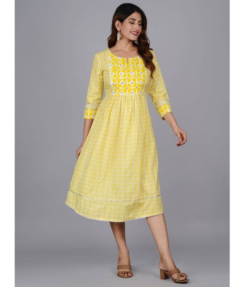 Mishree Collection - Yellow Cotton Women's A-line Kurti ( Pack of 1 )     			Mishree Collection - Yellow Cotton Women's A-line Kurti ( Pack of 1 )