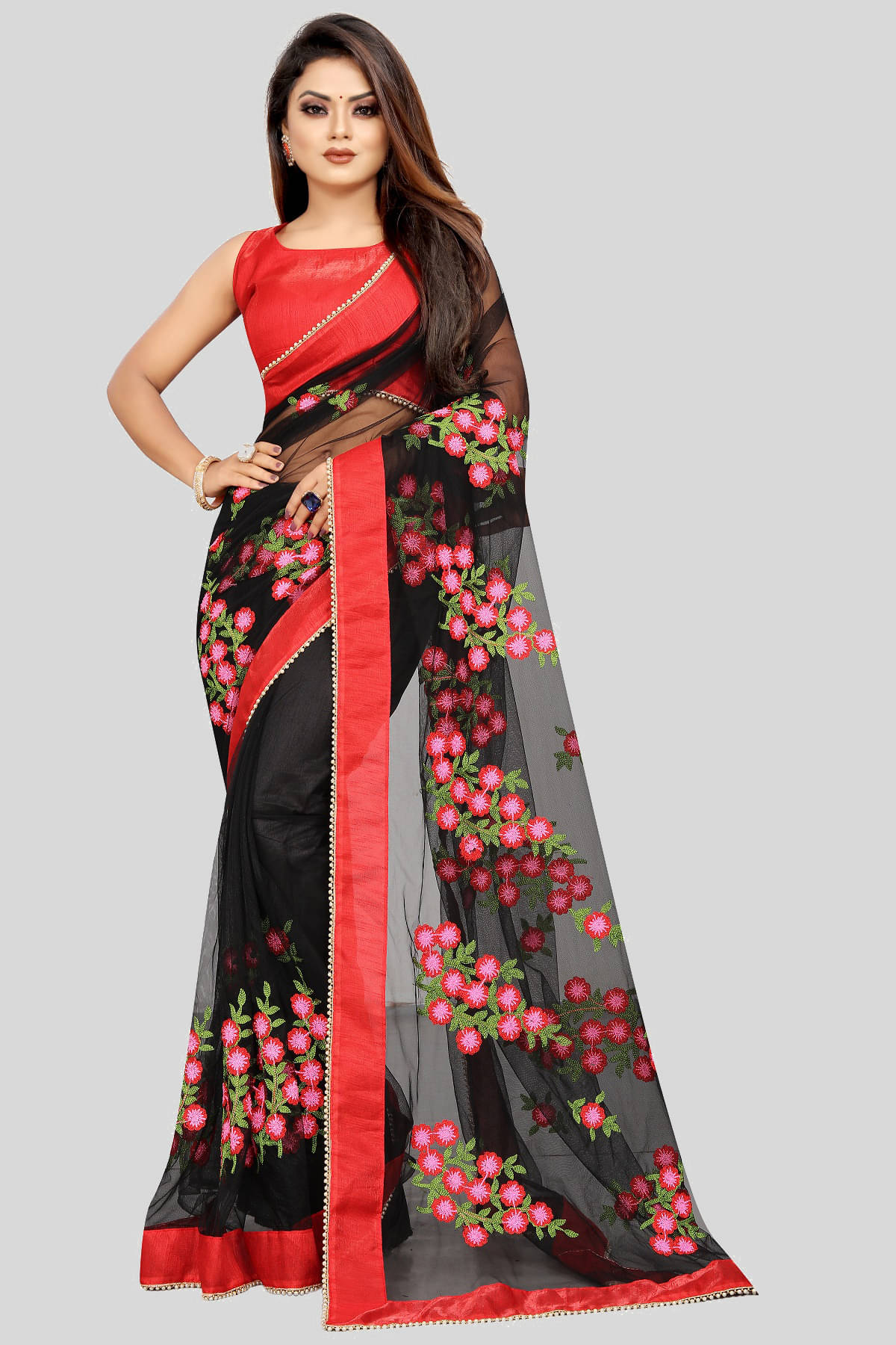 Gazal Fashions Net Embroidered Saree With Unstitched Blouse Piece ( Black ) Gazal Fashions Net Embroidered Saree With Unstitched Blouse Piece ( Black )