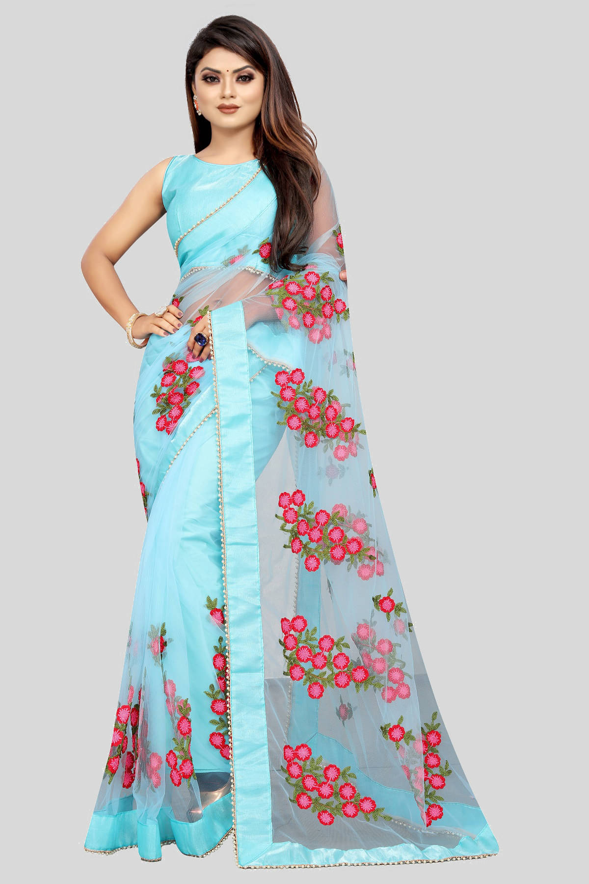 Gazal Fashions Net Embroidered Saree With Unstitched Blouse Piece ( SkyBlue ) Gazal Fashions Net Embroidered Saree With Unstitched Blouse Piece ( SkyBlue )