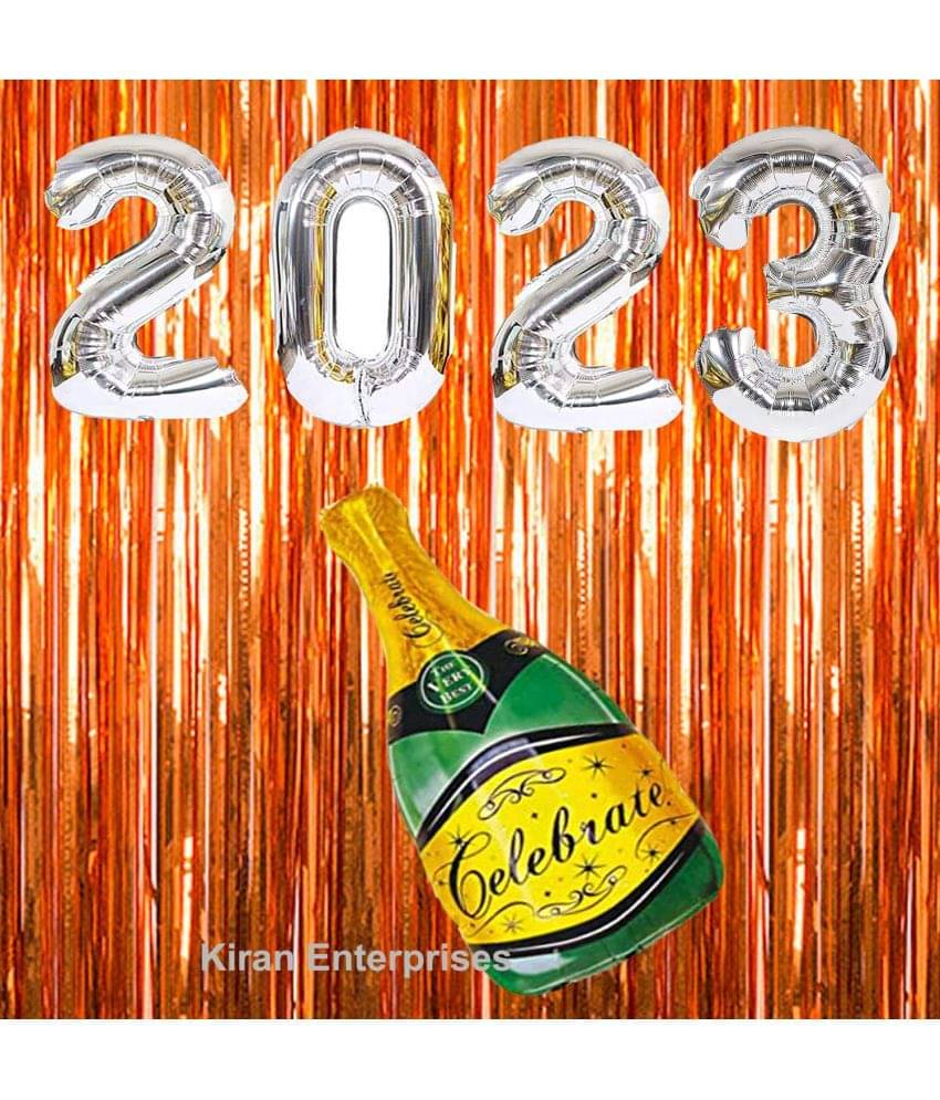     			Kiran Enterprises Foil Number-2023 ( Gold ) +2 pcs Fringe Curtain + Foil Balloon Bottle ( Green,Gold )