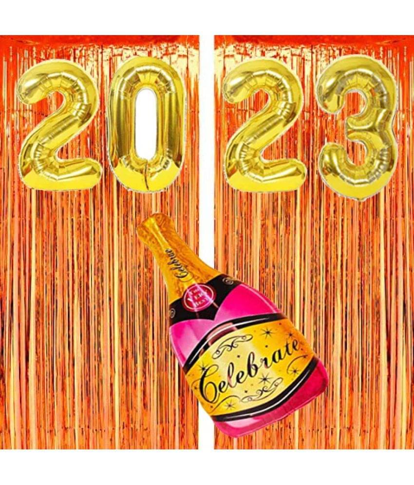     			Kiran Enterprises Foil Number-2023 ( Gold ) +2 pcs Fringe Curtain + Foil Balloon Bottle ( Green,Gold )