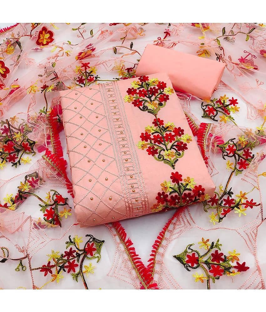 MEHZEEL FAB - Unstitched Peach Cotton Blend Dress Material ( Pack of 1 ) - Unstitched Fabrics | Buy online on ZillyBuy