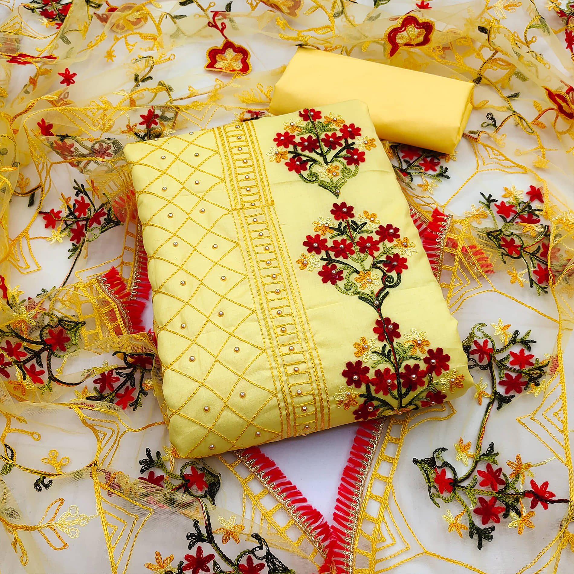 MEHZEEL FAB - Unstitched Yellow Cotton Blend Dress Material ( Pack of 1 ) - Unstitched Fabrics | Buy online on ZillyBuy